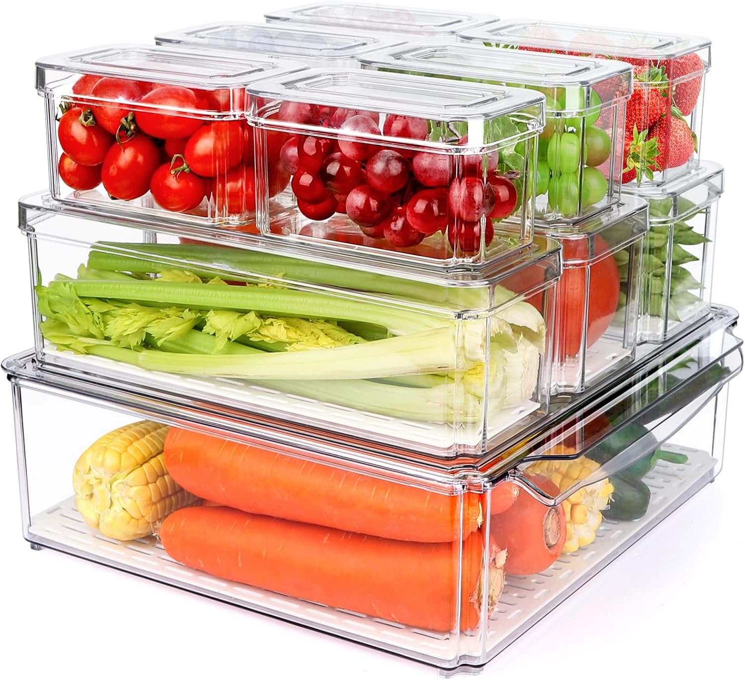 10-pack clear refrigerator and pantry organizer bins stacked on a shelf