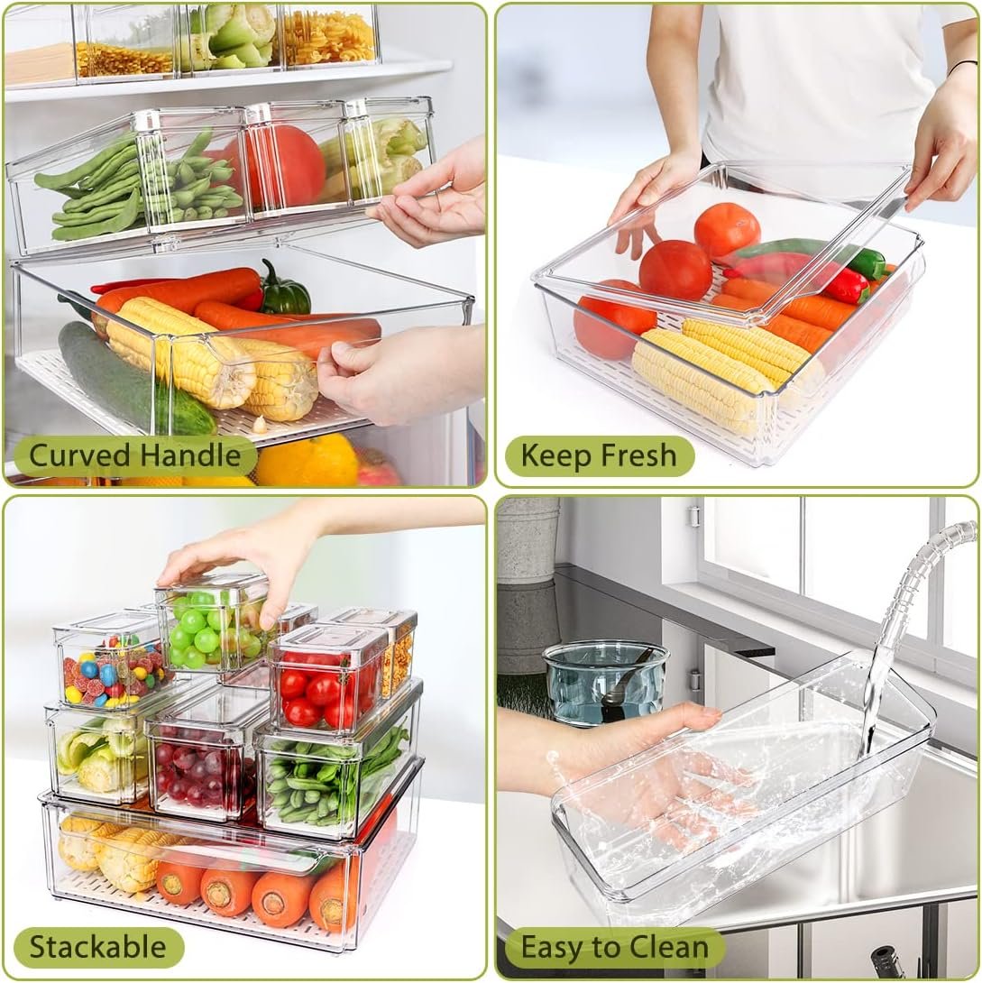 Clear organizer bins filled with produce and grouped items inside a fridge