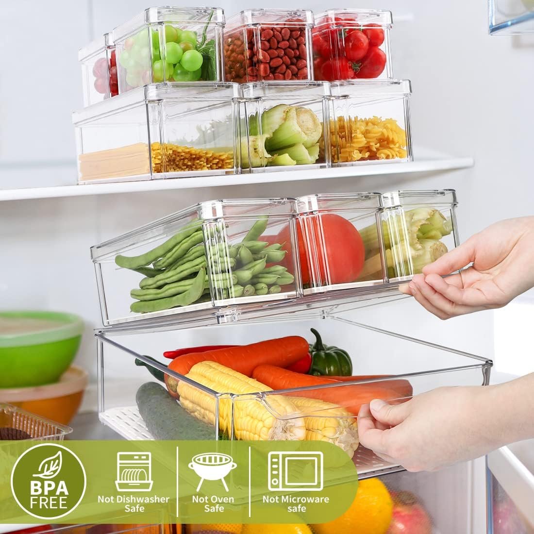 Close-up of a clear organizer bin's stackable, pull-out design