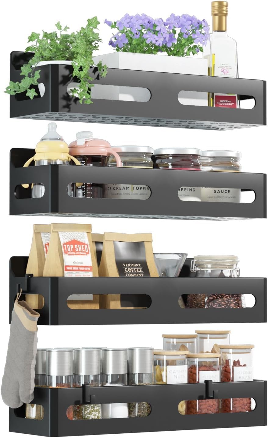 4-pack magnetic spice rack with hooks mounted on a refrigerator door