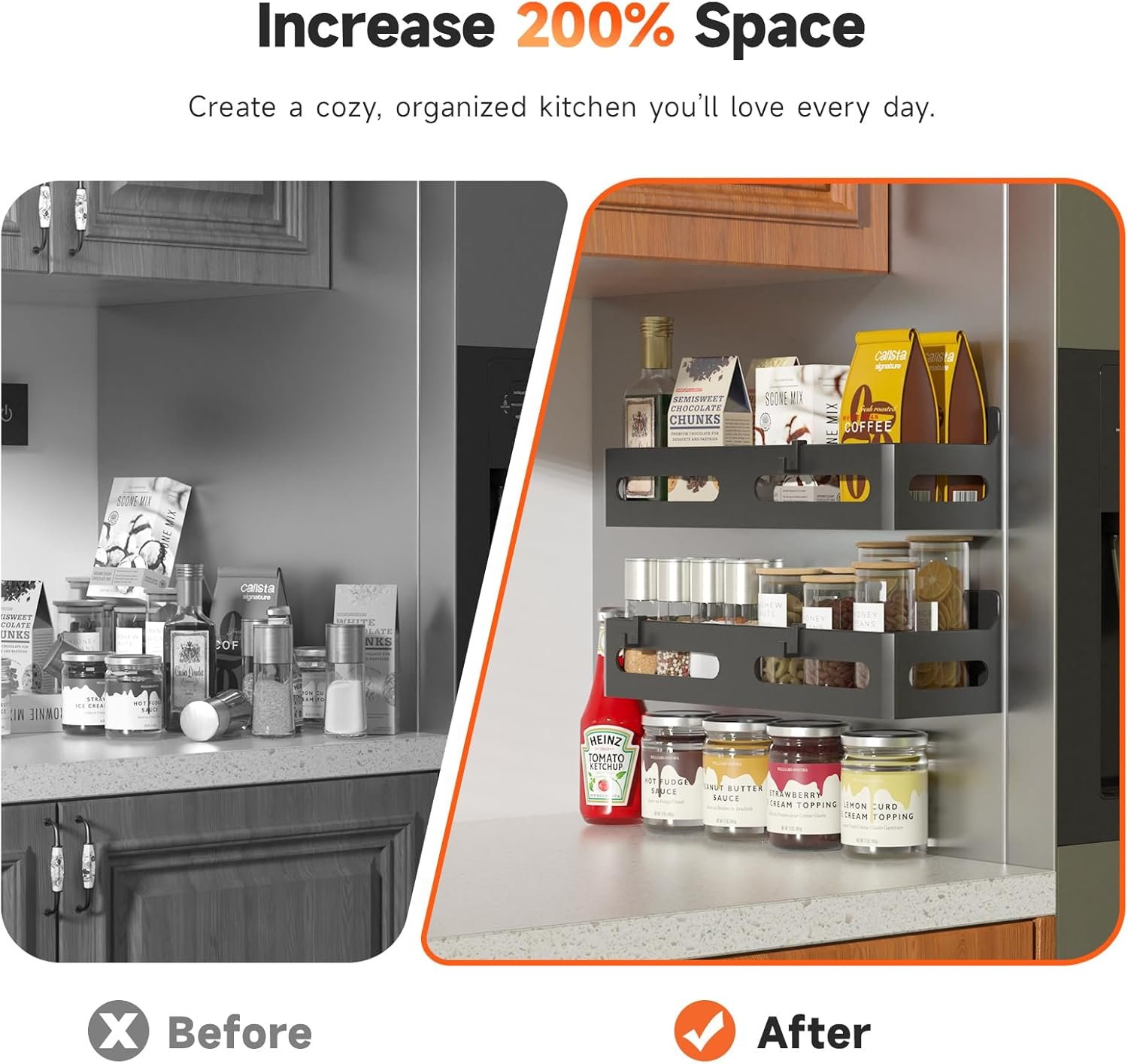 Spice jars and small tools organized on the magnetic rack shelves