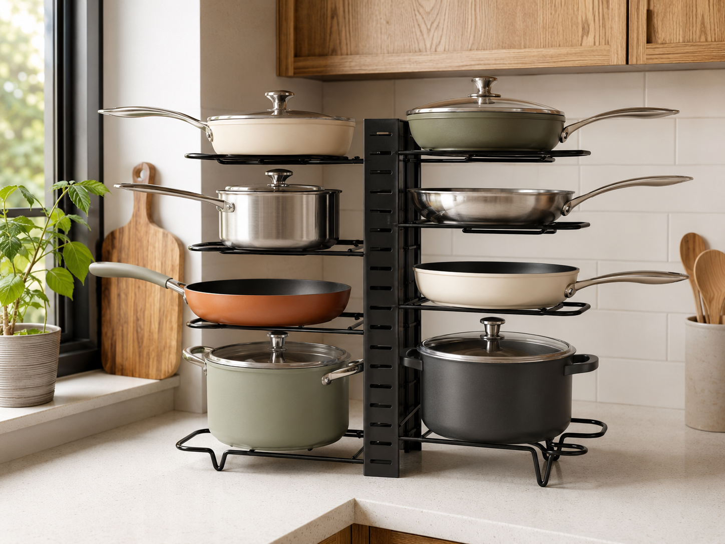 Expandable wire dividers holding pans upright inside a lower cabinet