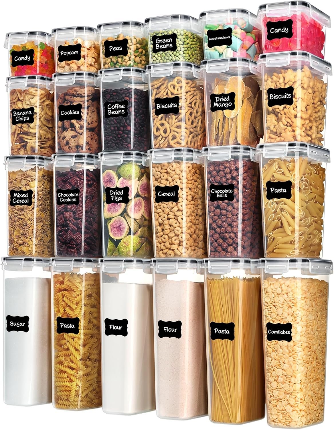 Vtopmart 24-piece airtight food storage container set with lids on a pantry shelf