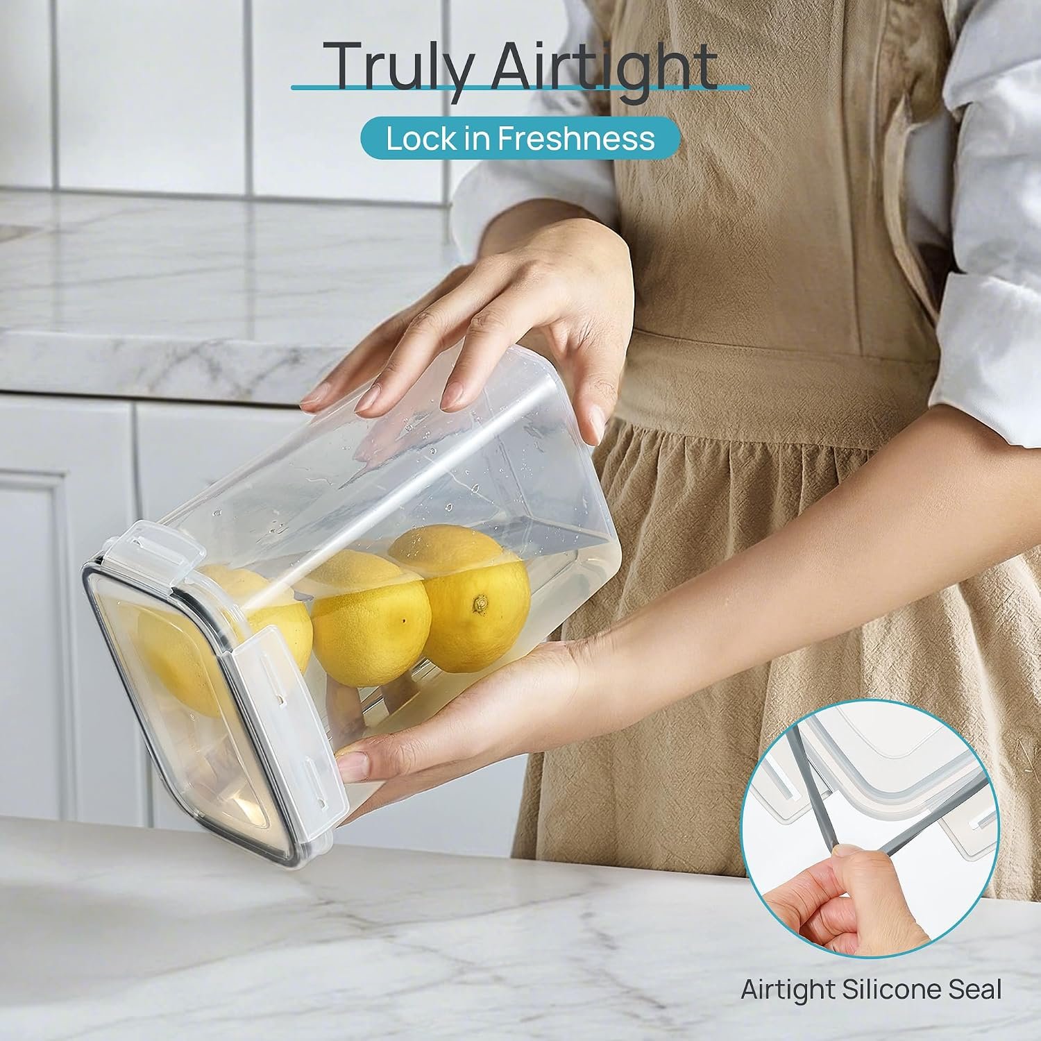 Vtopmart airtight containers filled with flour, rice, pasta, and cereal