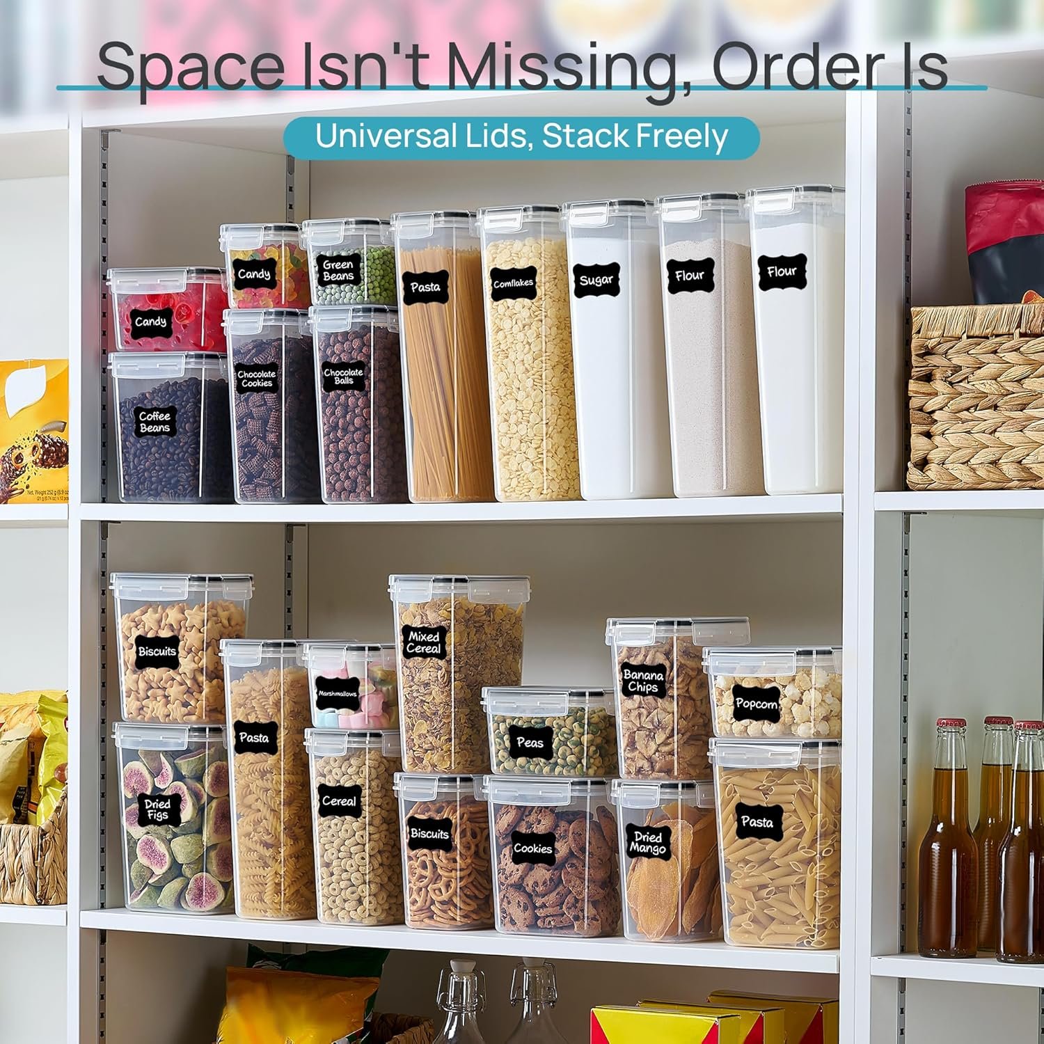 Vtopmart containers stacked neatly inside a pantry cabinet