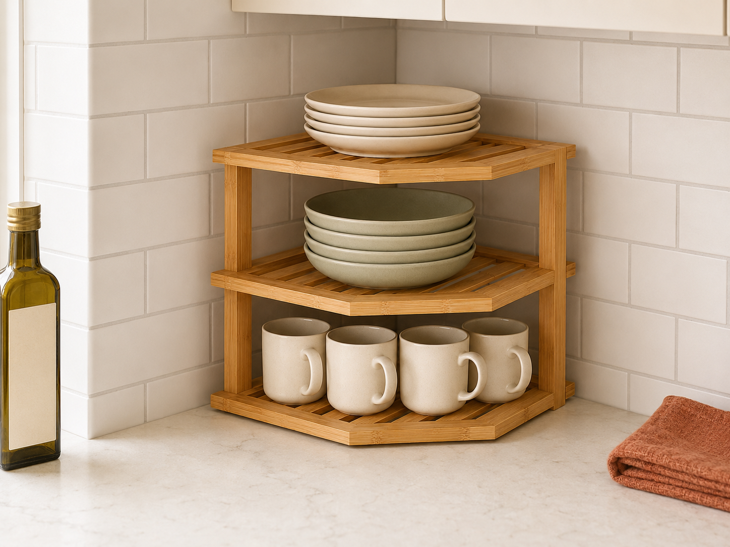 Three-tier bamboo stand holding plates, bowls, and mugs in a corner cabinet