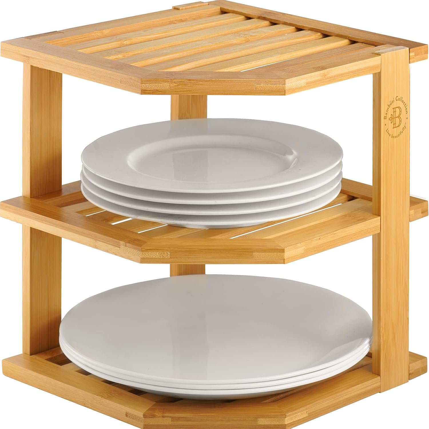Bambusi 3-tier bamboo corner cabinet organizer holding plates and bowls