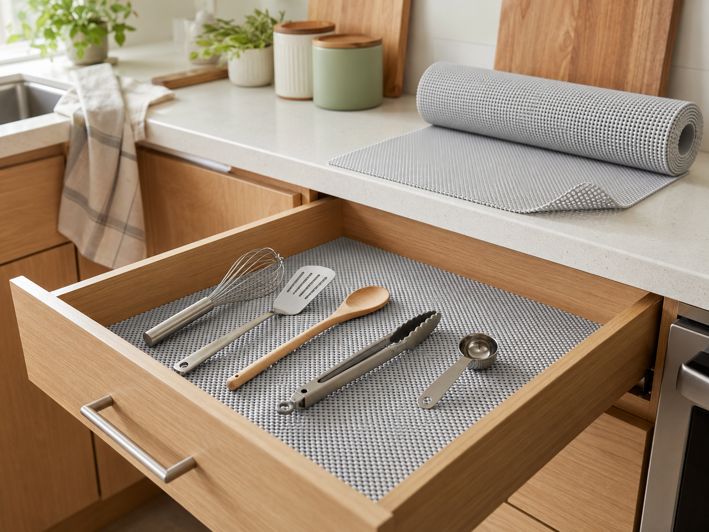 Non-adhesive liner laid flat inside a kitchen drawer