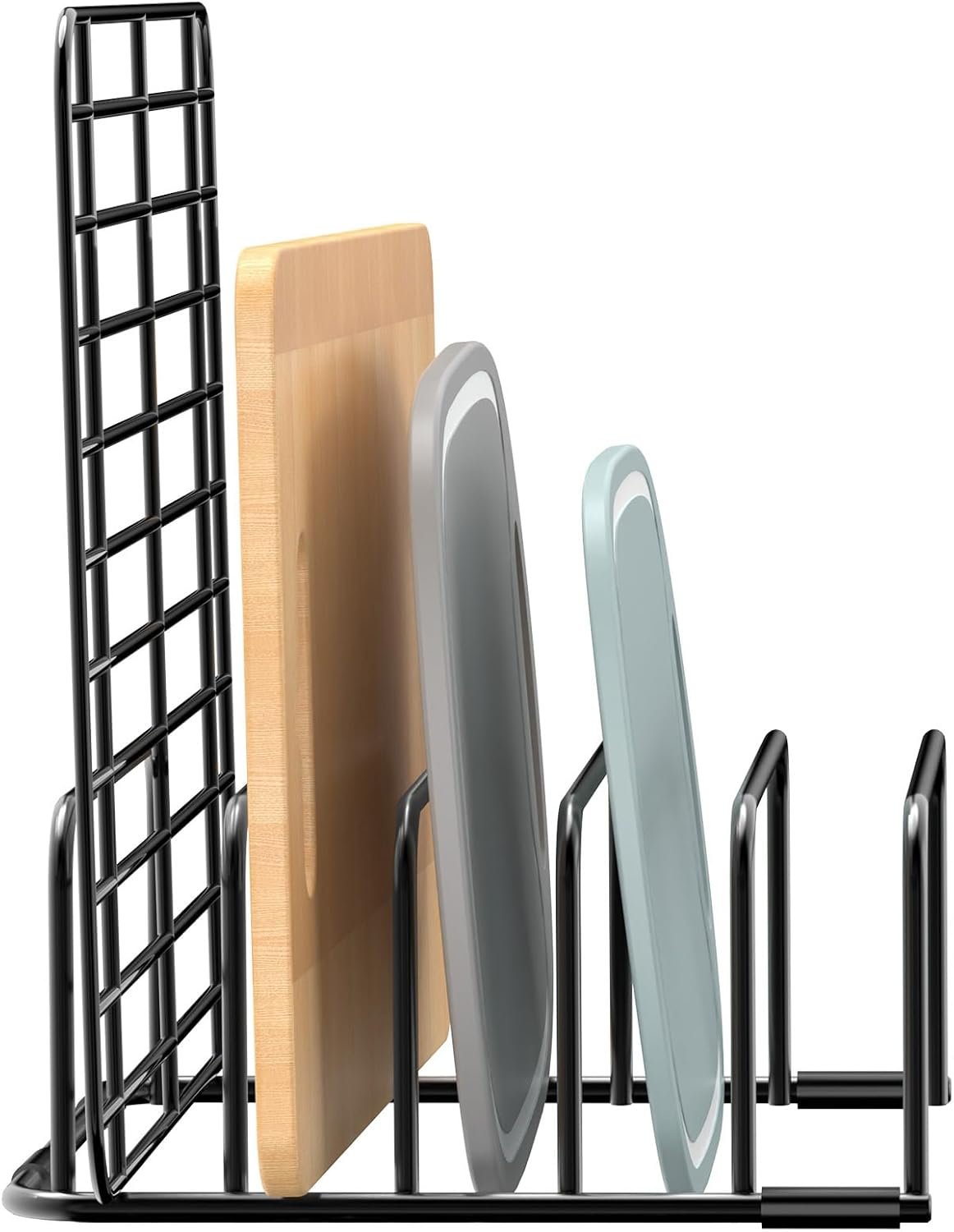 Fikoksol vertical cutting board and bakeware organizer on a countertop