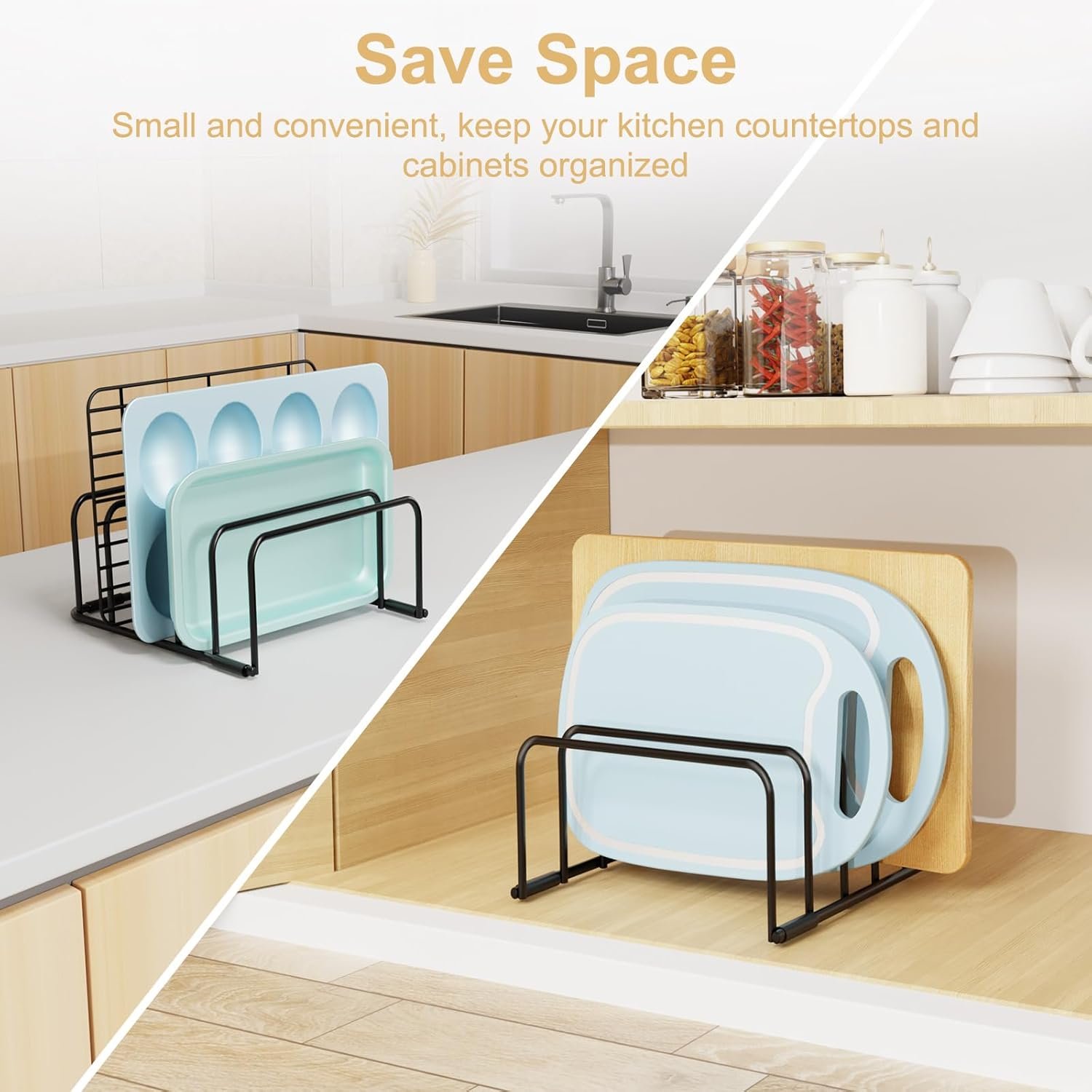Vertical organizer holding baking sheets upright in slim slots
