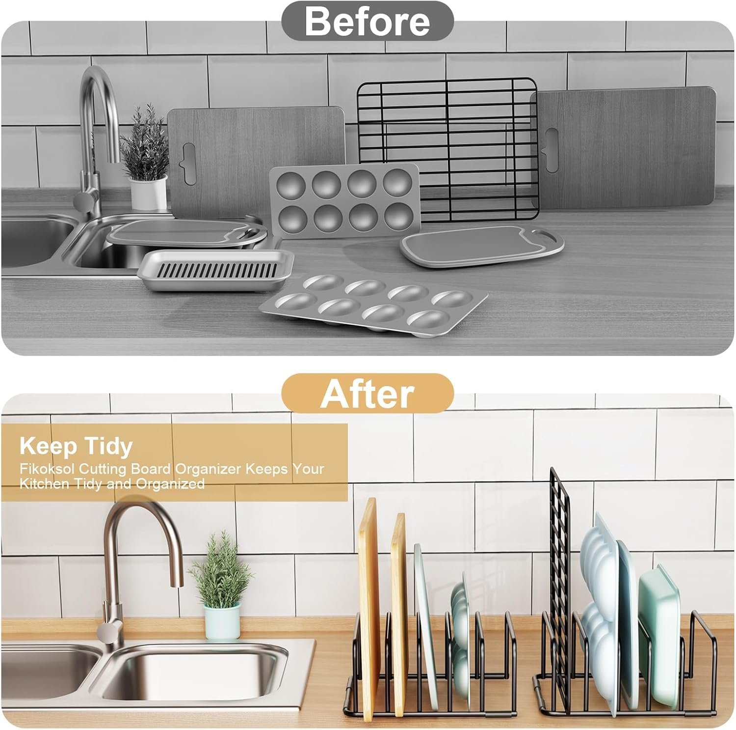 Cutting boards stored upright and separated inside a cabinet