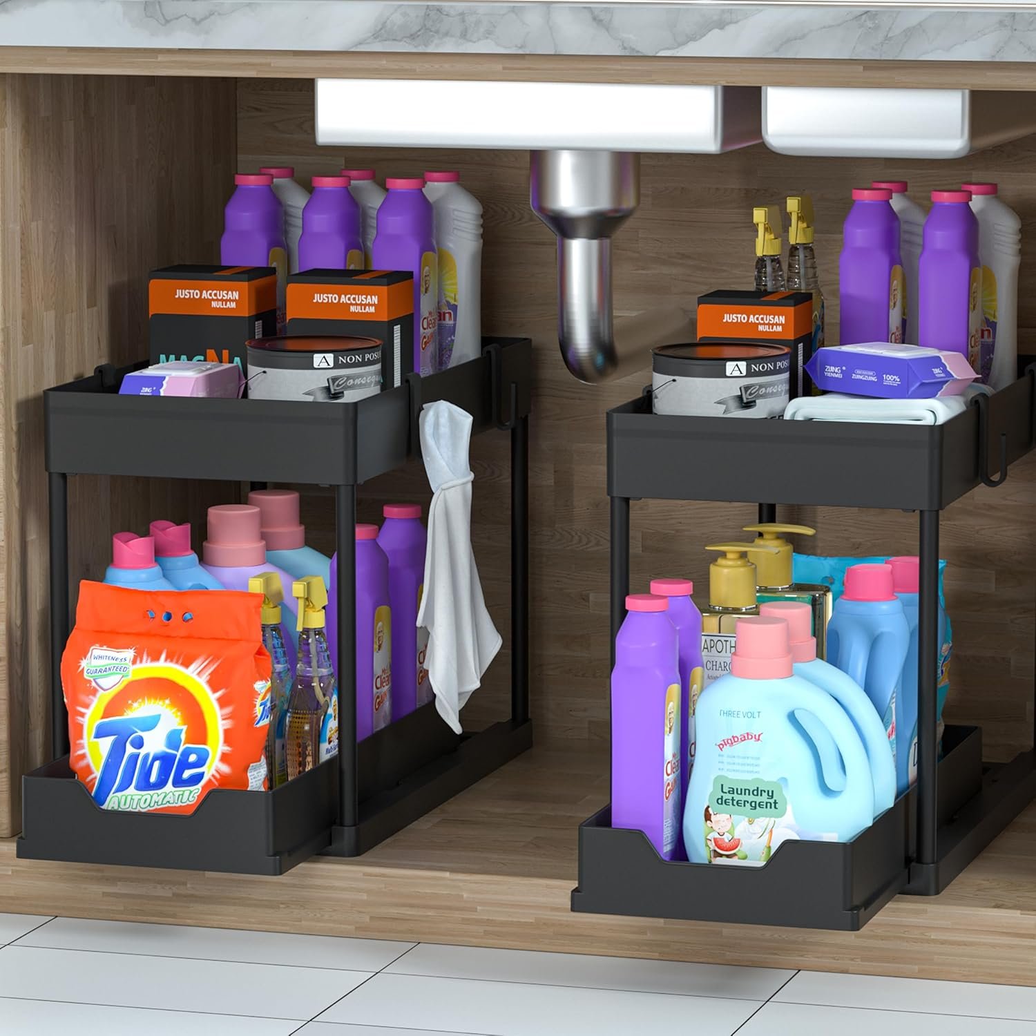 DEKAVA sliding cabinet basket organizer shown installed under the sink
