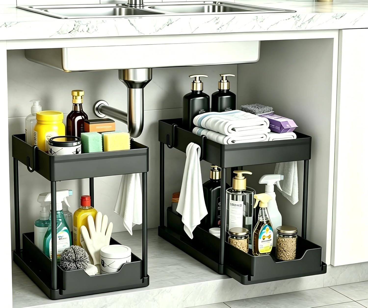 DEKAVA 2-tier sliding cabinet basket organizer pulled out from a base cabinet
