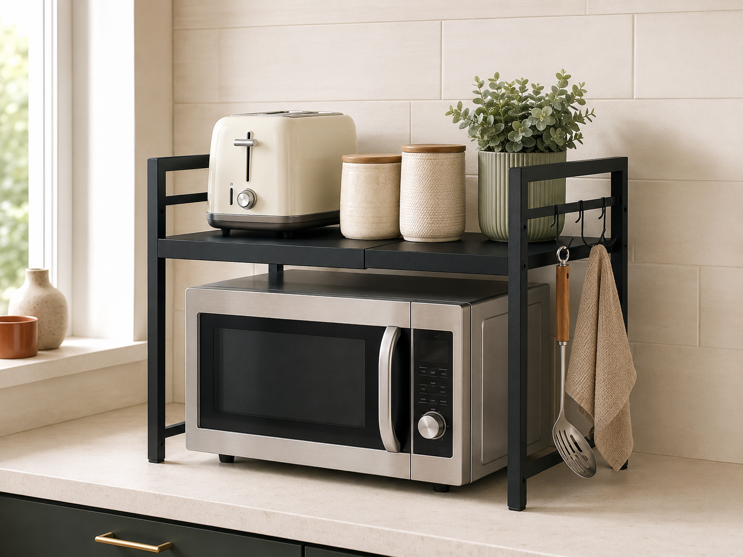Freestanding wire rack straddling a countertop microwave with a shelf above it