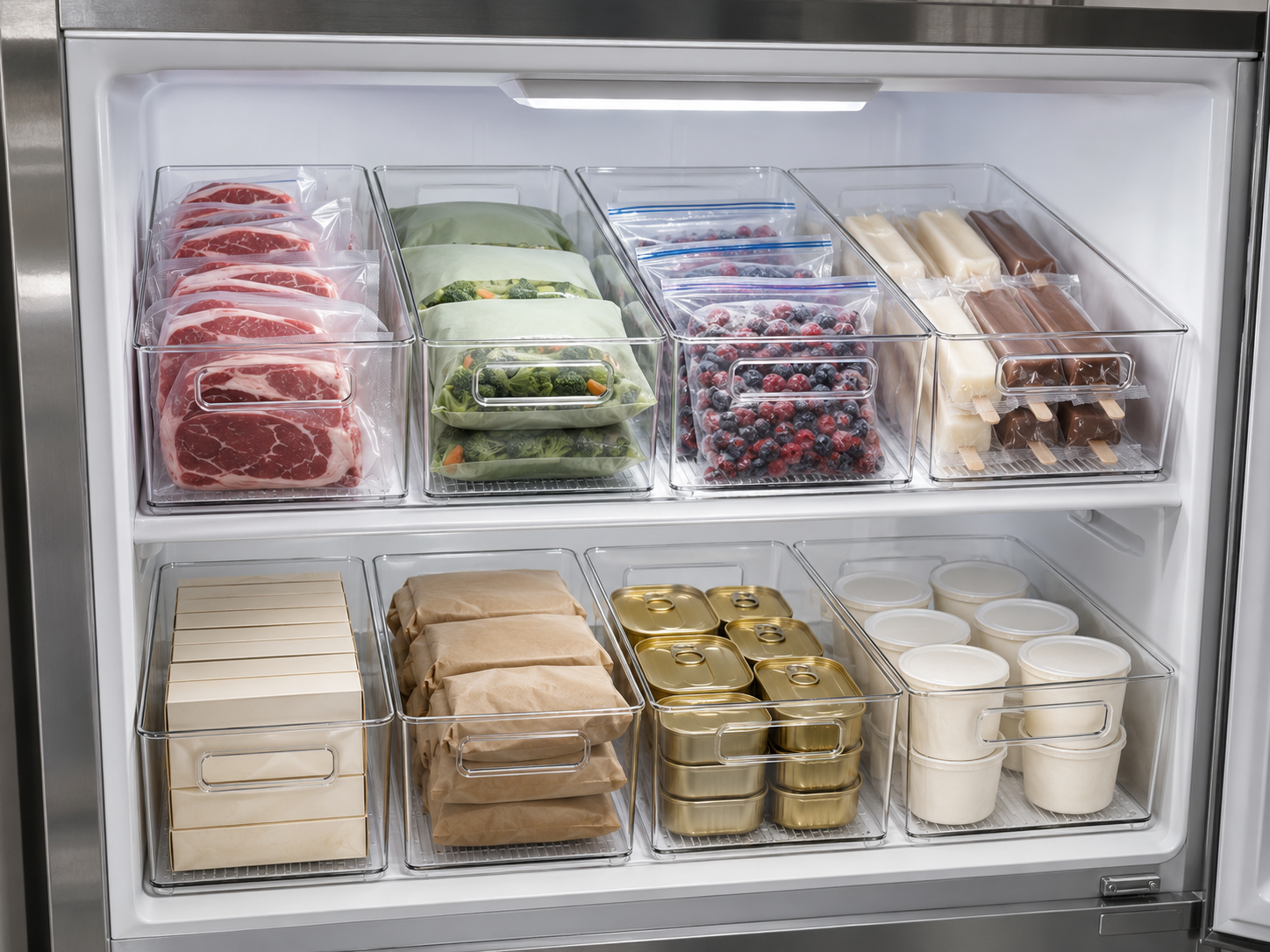 Upright freezer dividers keeping bags standing instead of stacked flat