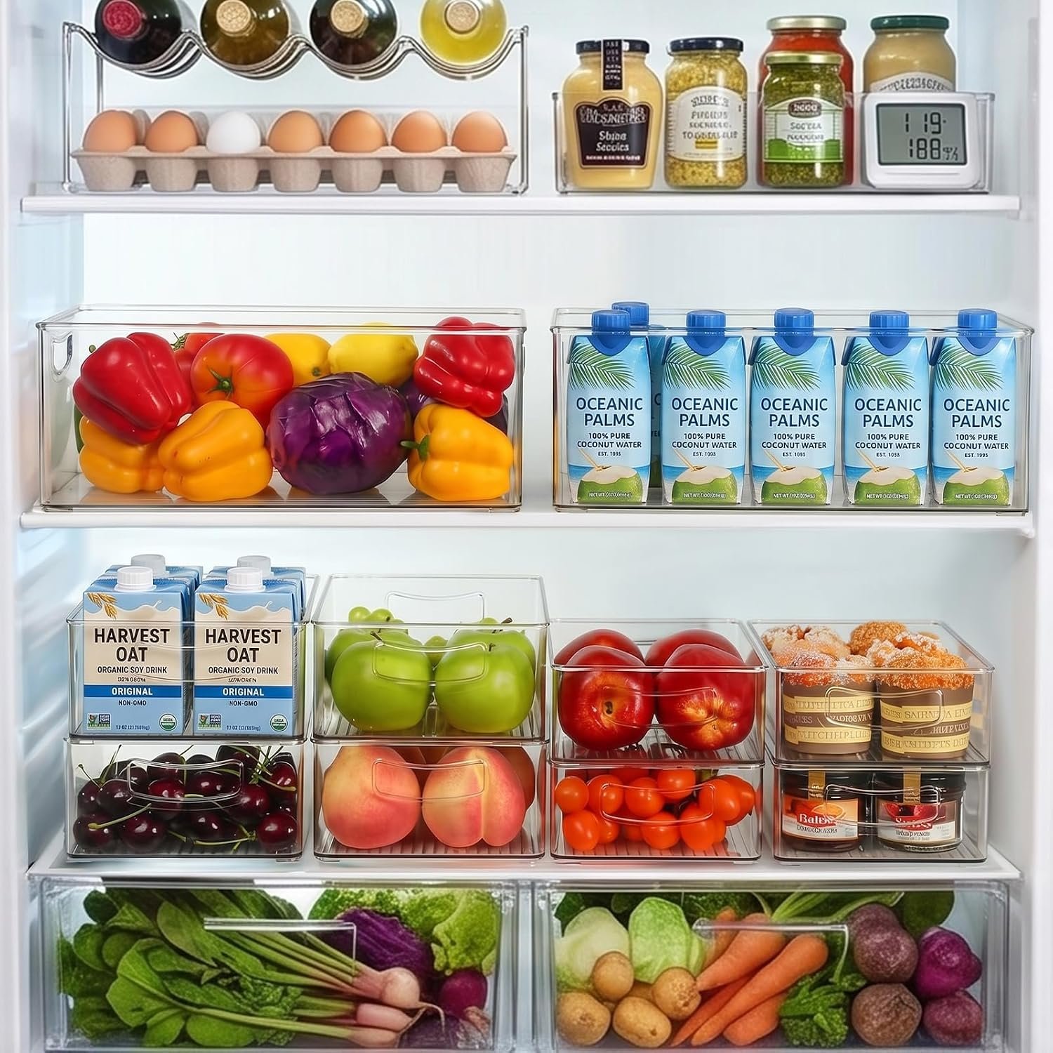 Close-up of frozen bags standing upright and visible in the organizer