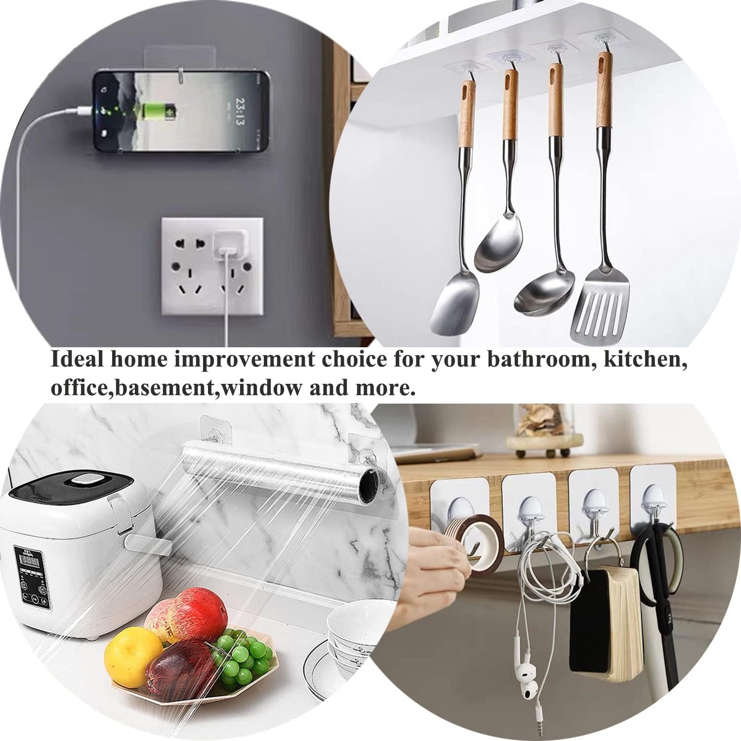 Adhesive wall hooks holding a utensil rail and kitchen tools