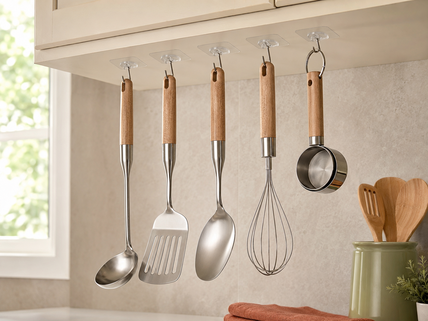 Adhesive wall hooks holding kitchen tools on a rental wall with no drilling