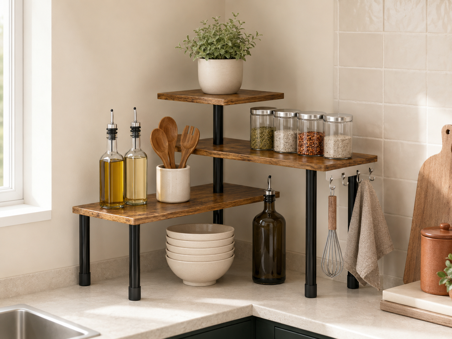 Three-tier round freestanding shelf stand in an empty countertop corner