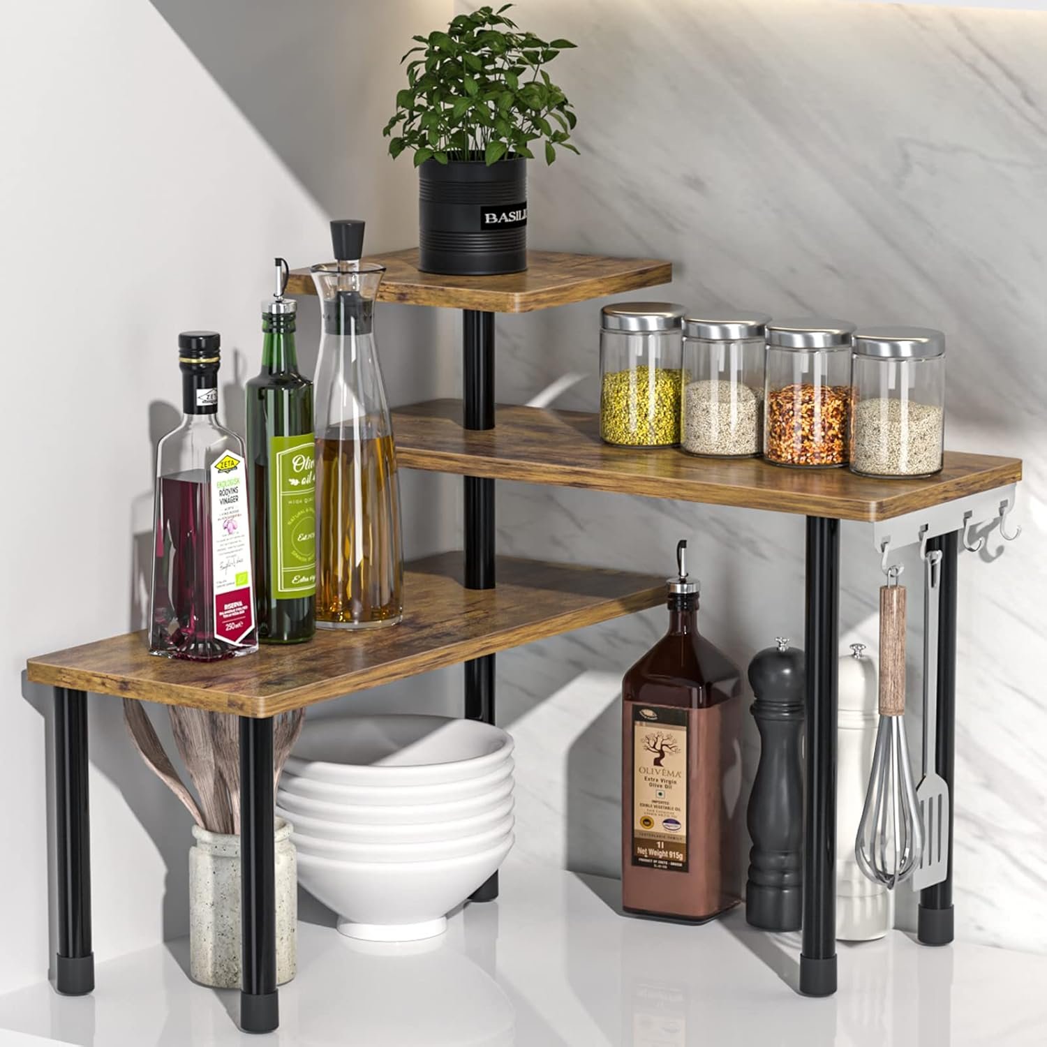 JayRex 3-tier moveable corner shelf organizer on a kitchen countertop