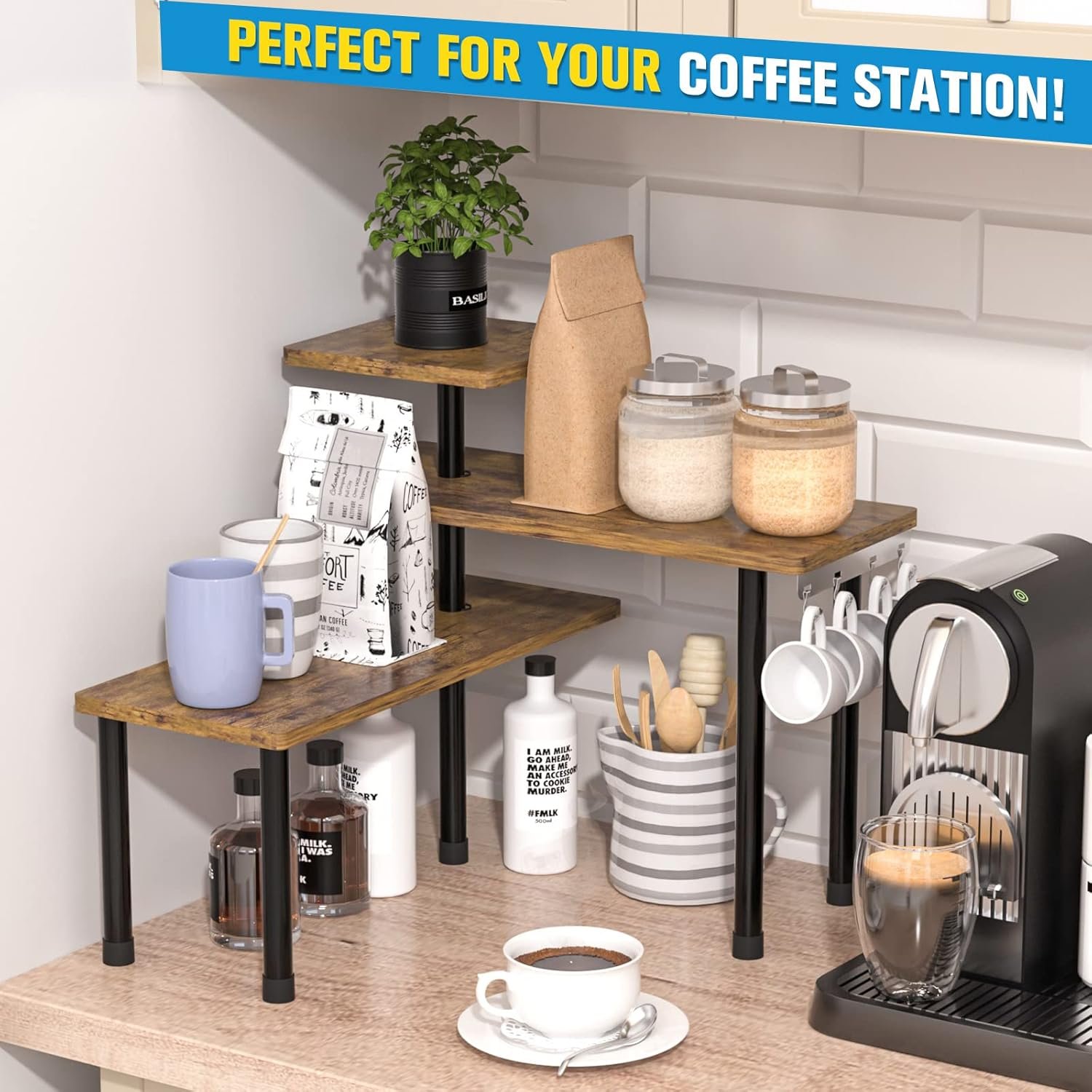 JayRex 3-tier moveable corner shelf organizer shown holding items on each tier