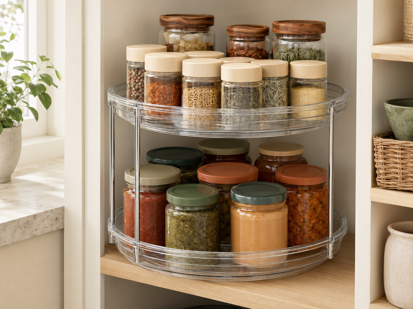 Tiered rotating spice turntable inside a kitchen cabinet