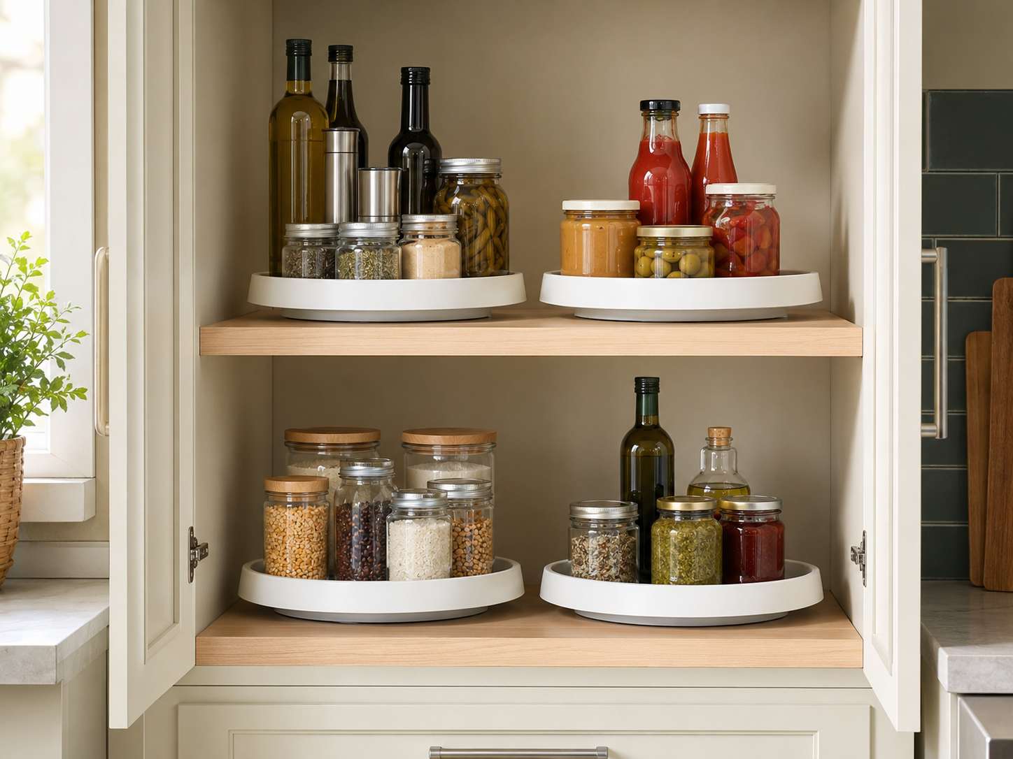 Rotating turntable with raised edge inside a corner cabinet holding jars and bottles