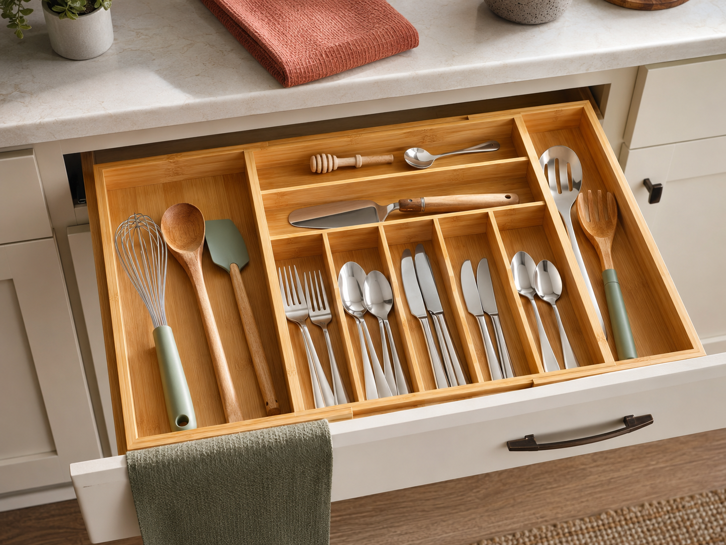 Expandable bamboo dividers separating a kitchen drawer into neat utensil lanes