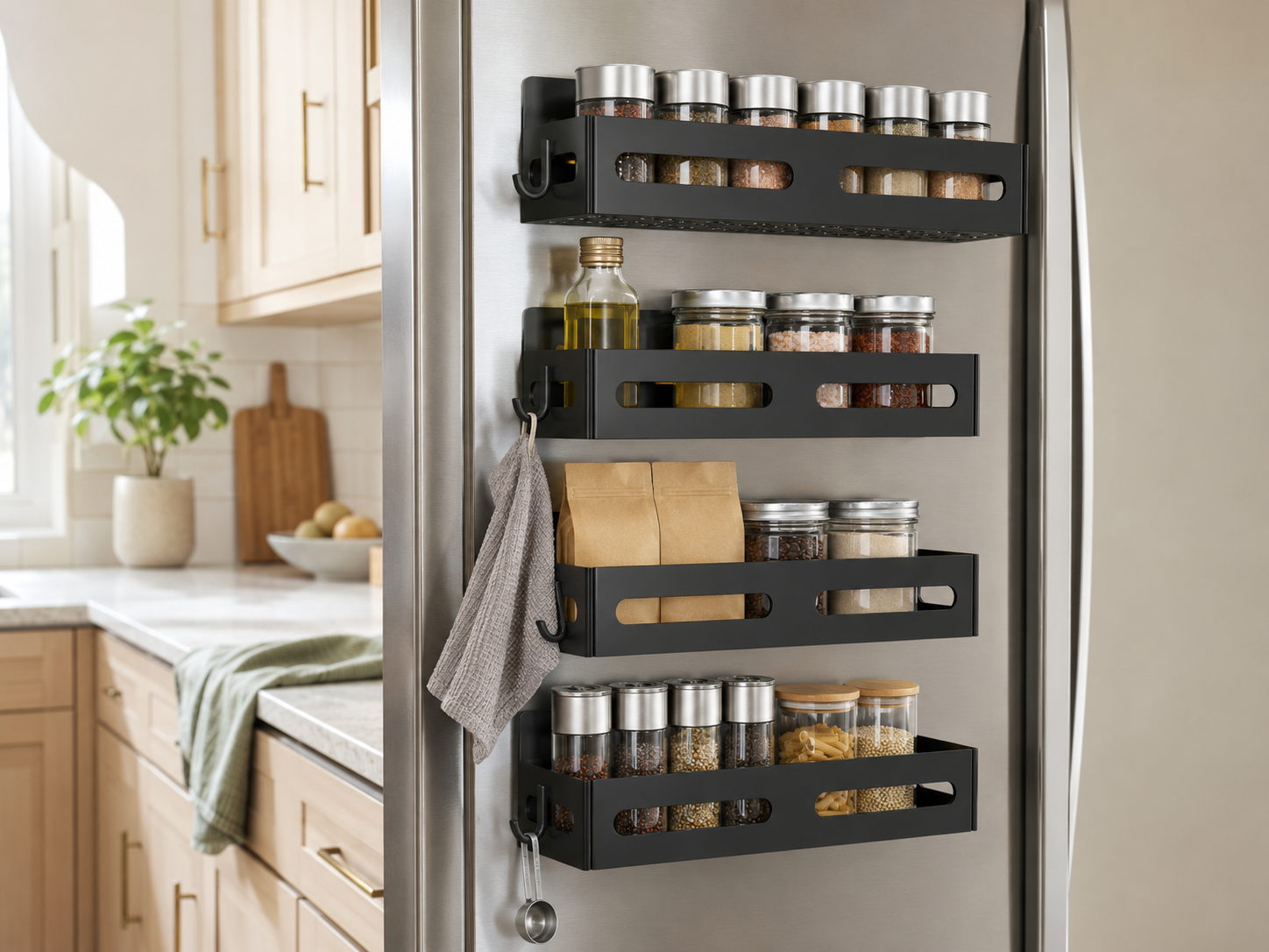 Magnetic spice rack with hooks stuck to a refrigerator door