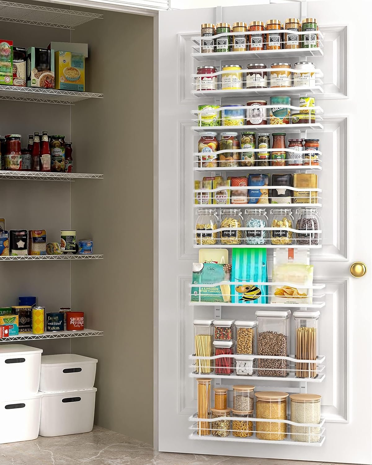 Moforoco white 9-tier over-the-door pantry organizer hanging on a pantry door