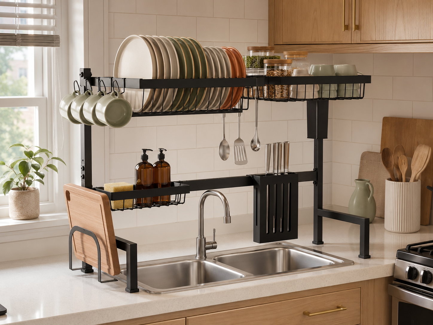 Dish drying rack spanning across a kitchen sink on adjustable feet