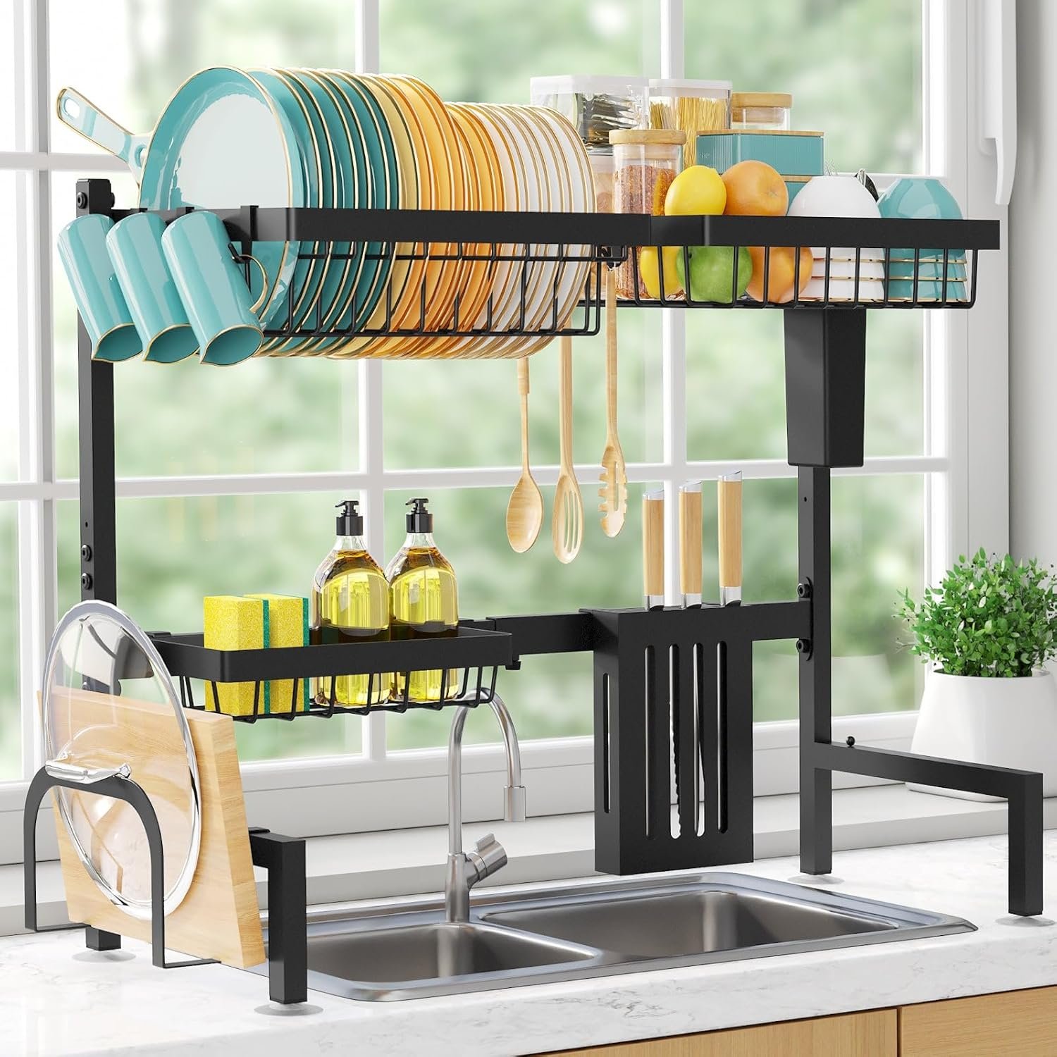 Sakugi over-the-sink dish drying rack spanning a kitchen sink