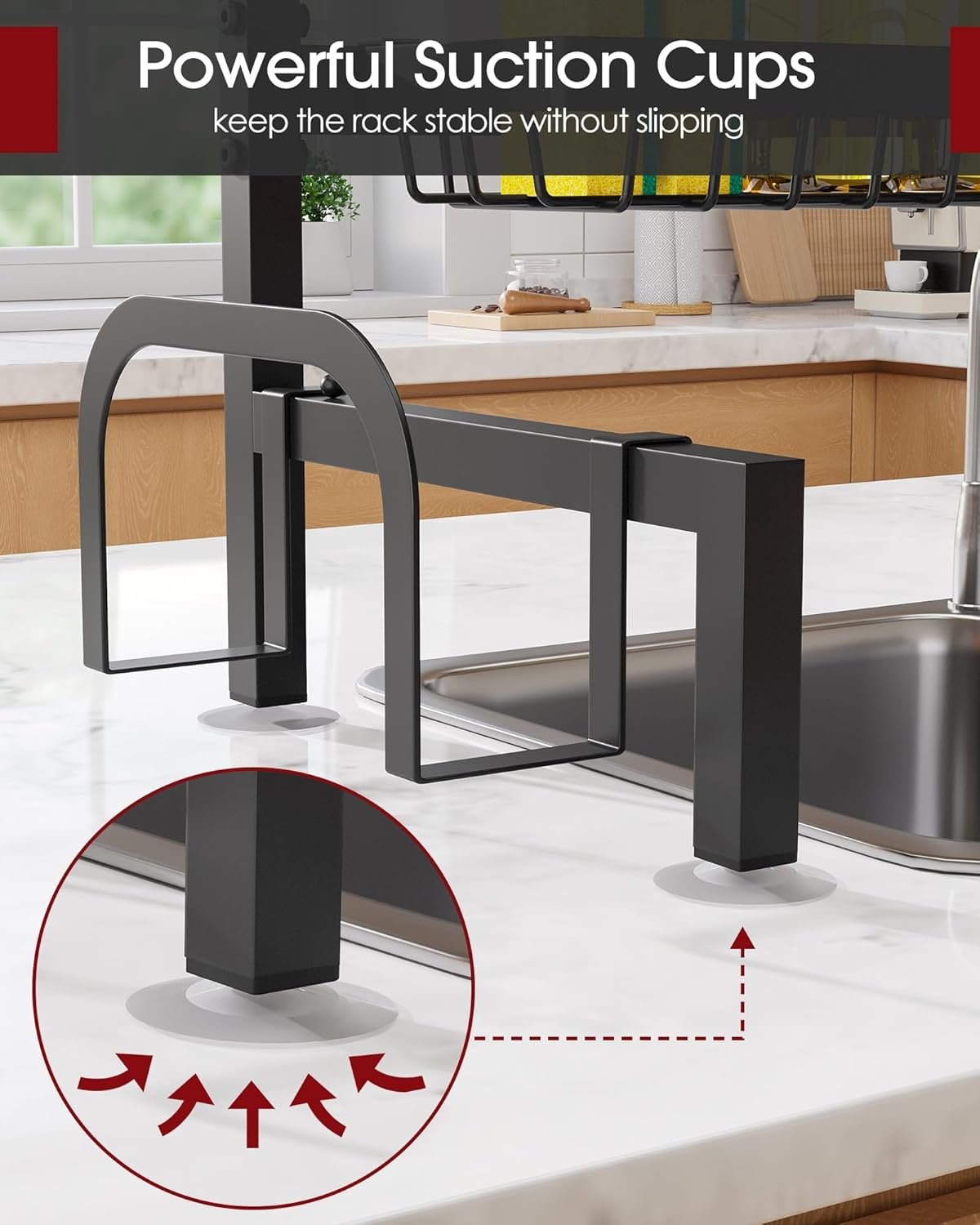 Close-up of the rack's adjustable feet resting on the sink edges