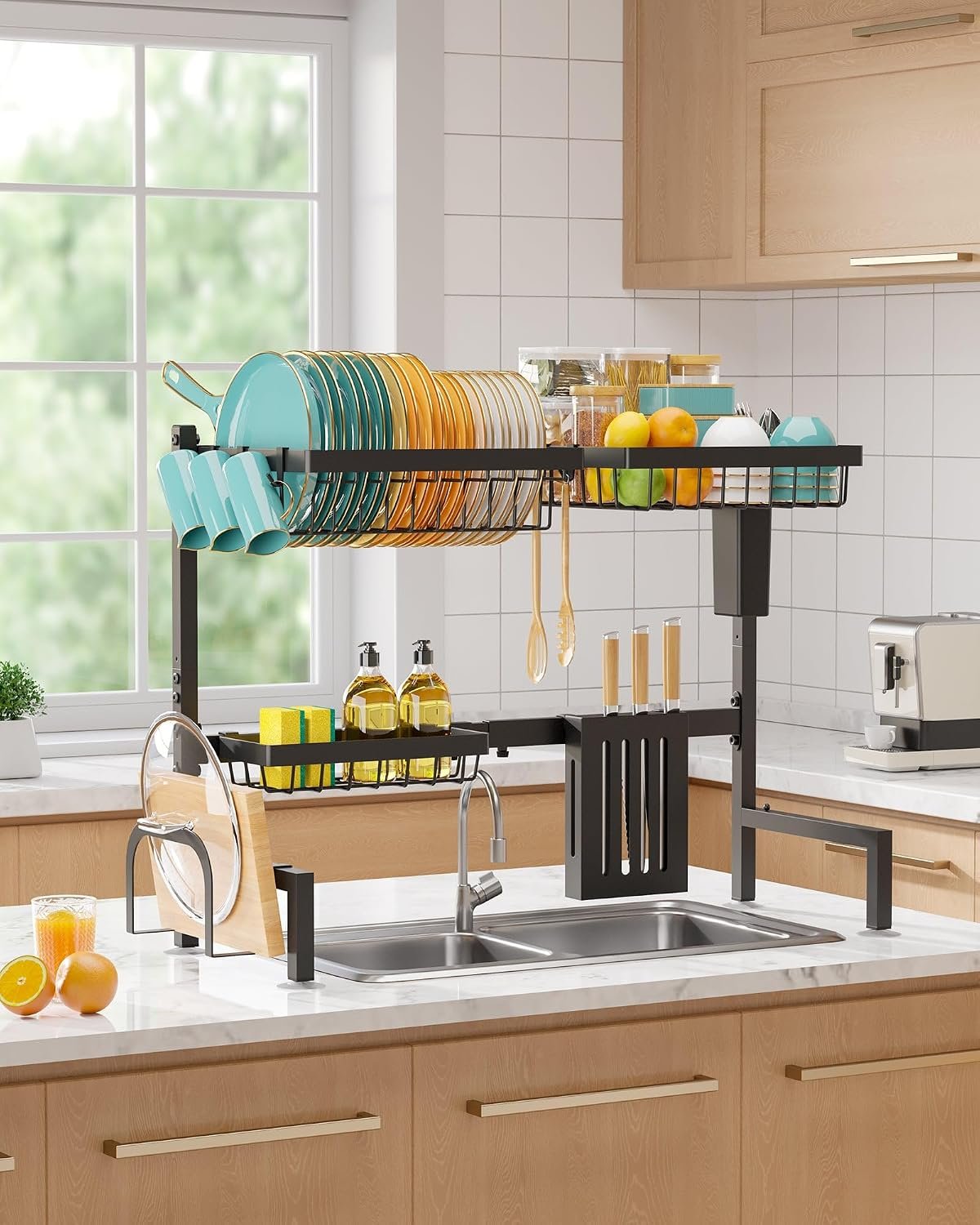 Over-the-sink dish rack shown with multifunctional attachments