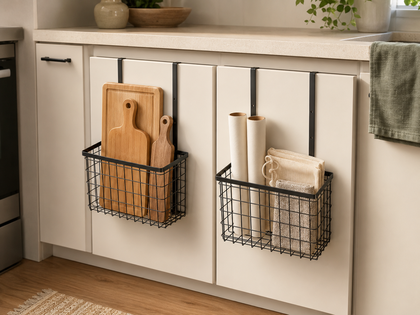 Wire rack hooked over a lower cabinet door holding pot lids upright