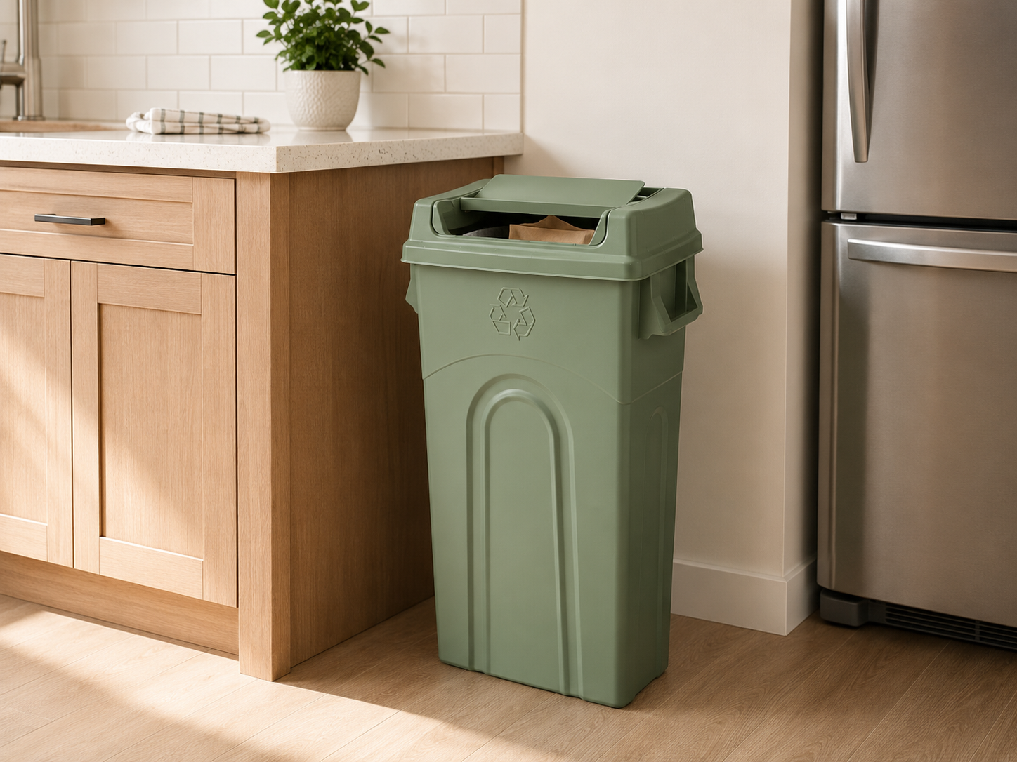 Tall narrow plastic trash bin tucked into a slim kitchen gap