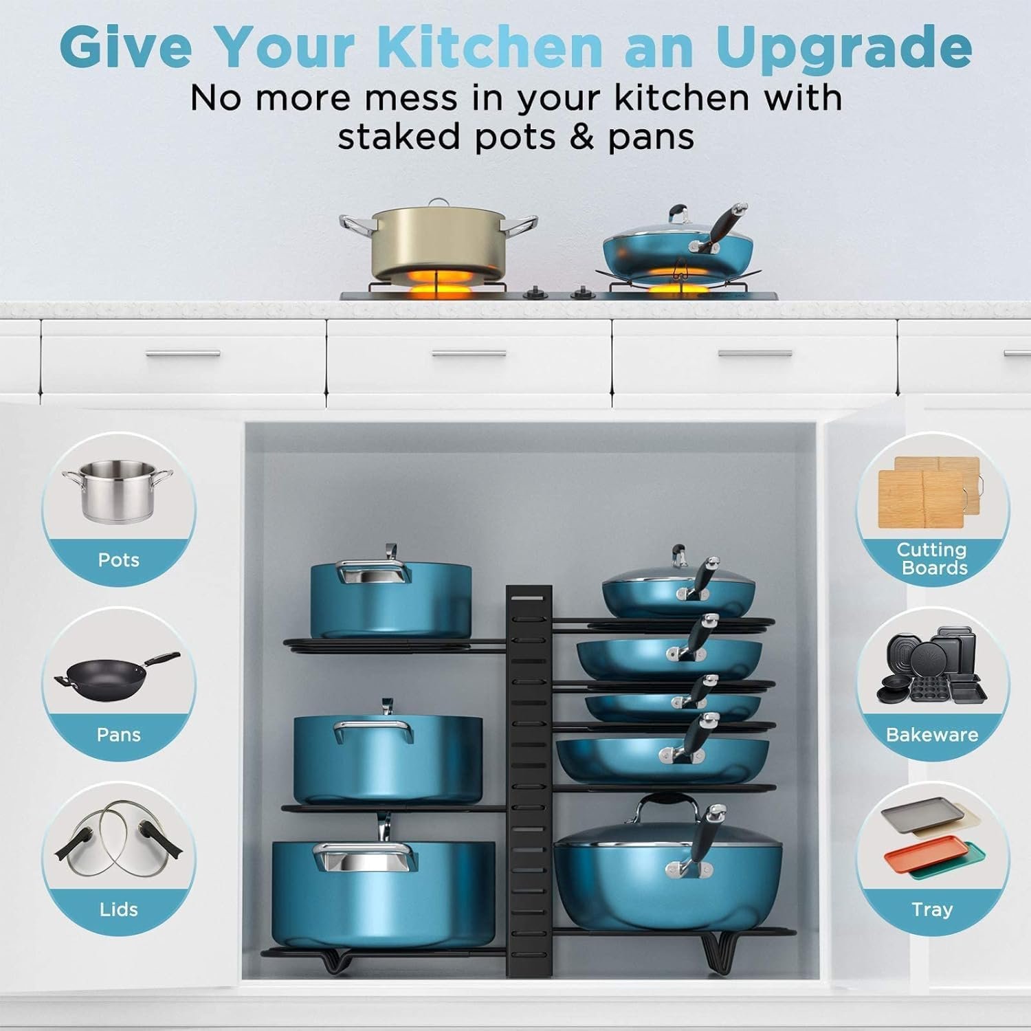 8-tier adjustable pot and pan organizer rack installed inside a cabinet