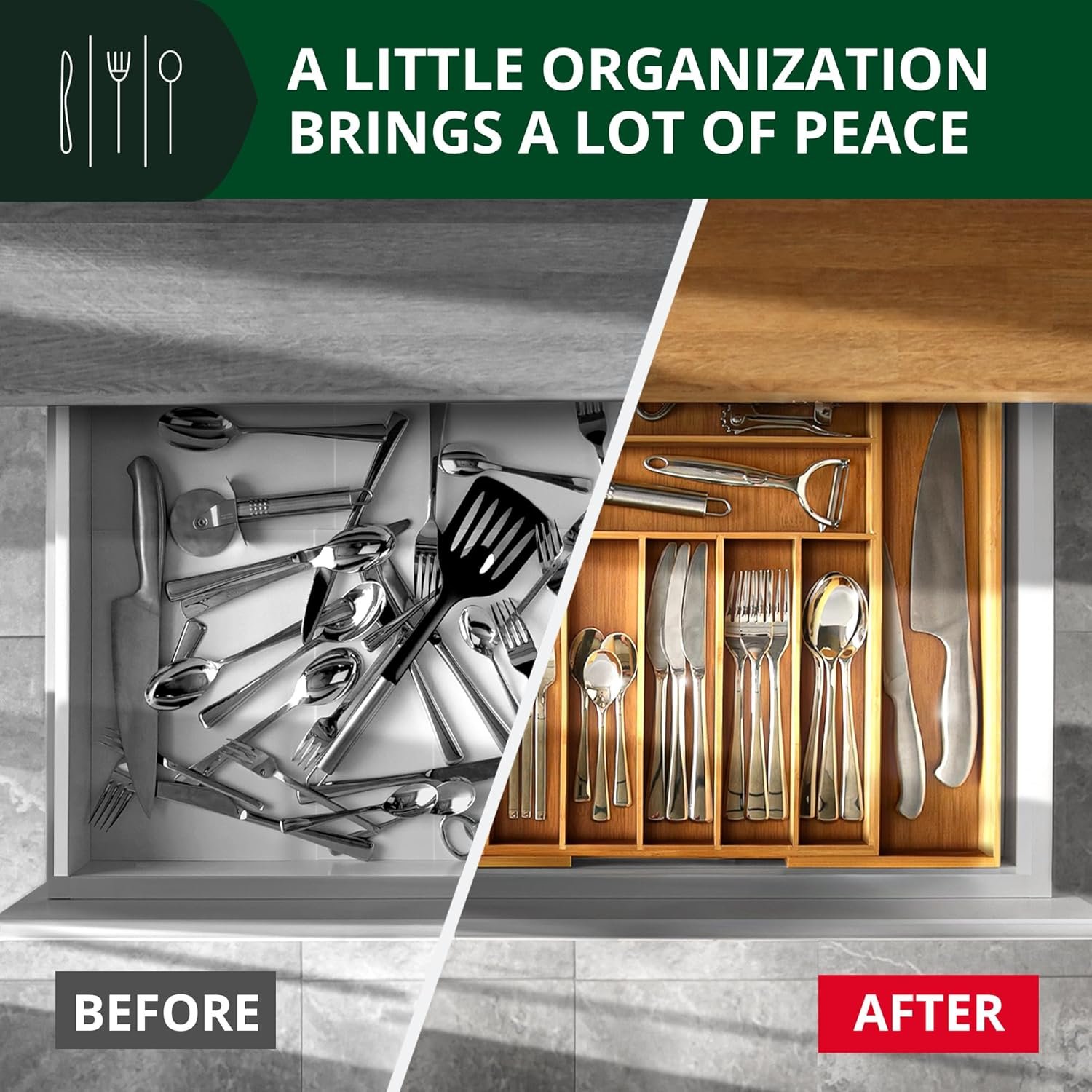 Bamboo drawer organizer piece showing adjustable expansion mechanism