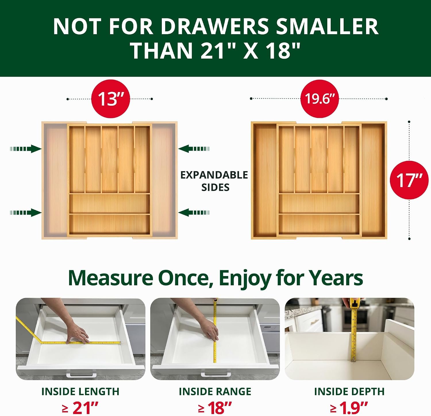 Bamboo drawer organizer expanded to fit a kitchen drawer, dividing utensils into lanes