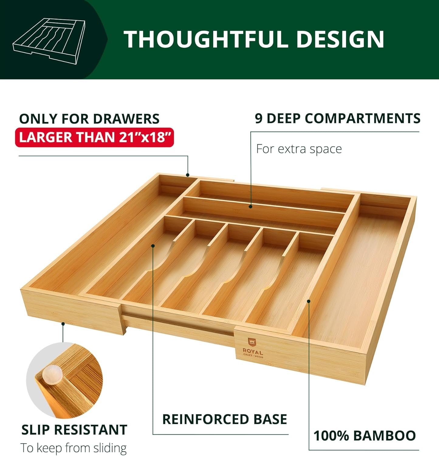 Bamboo drawer organizer holding utensils neatly inside an open kitchen drawer