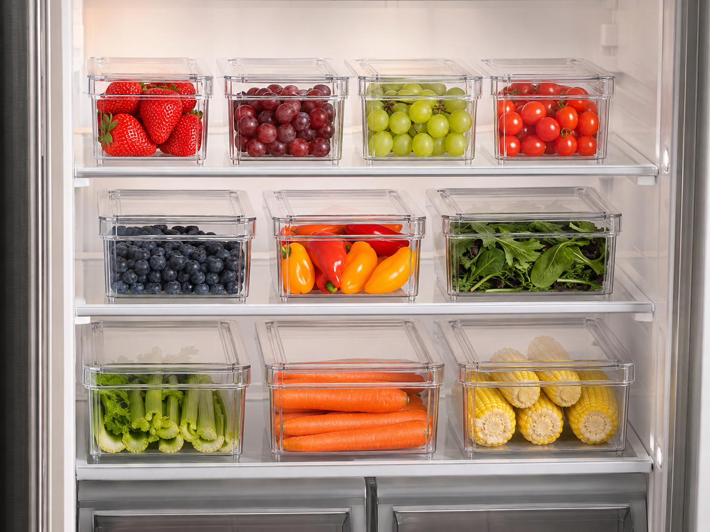 Clear pull-out organizer bins grouping items by category inside a refrigerator