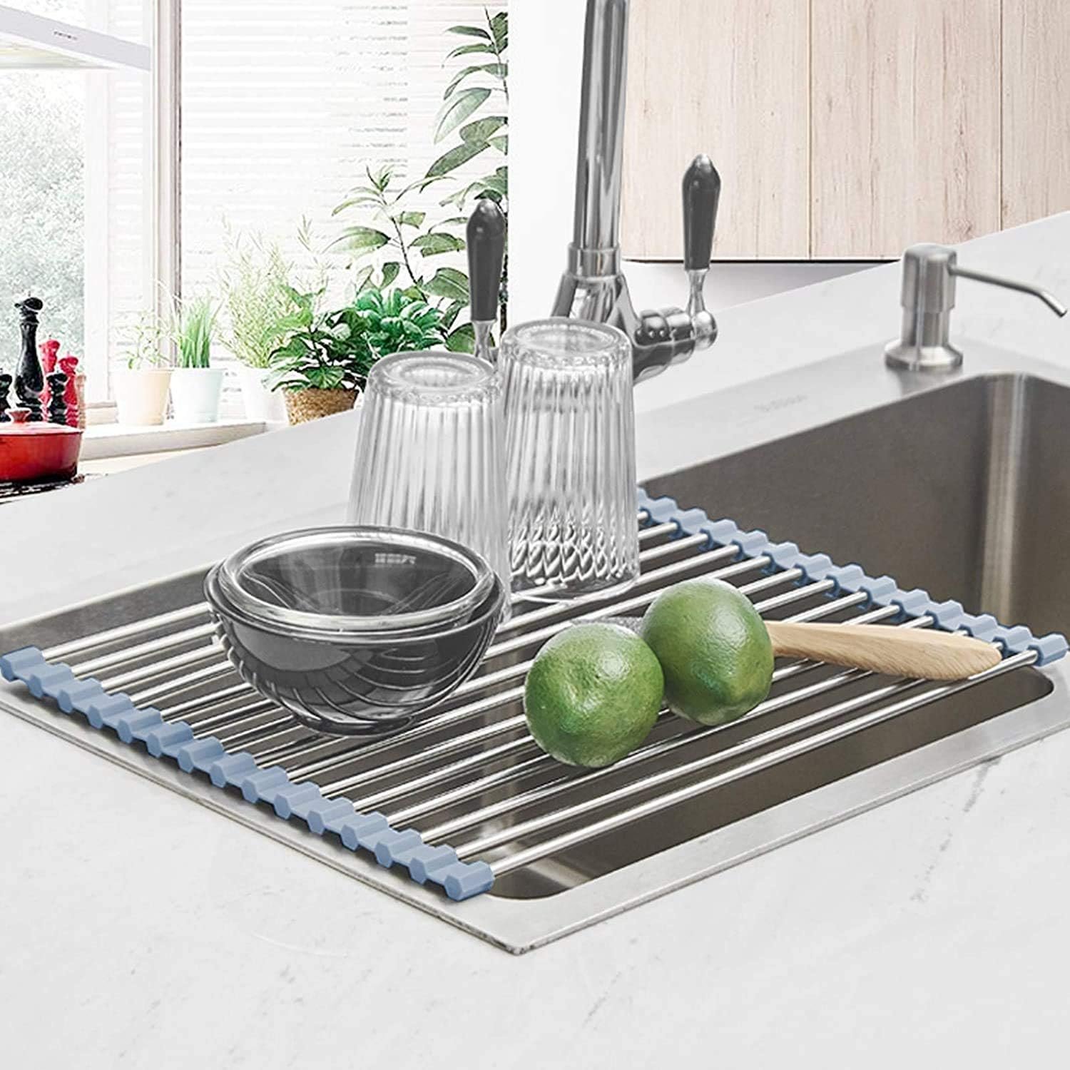 Roll-up dish drying rack used over the sink drying dishes