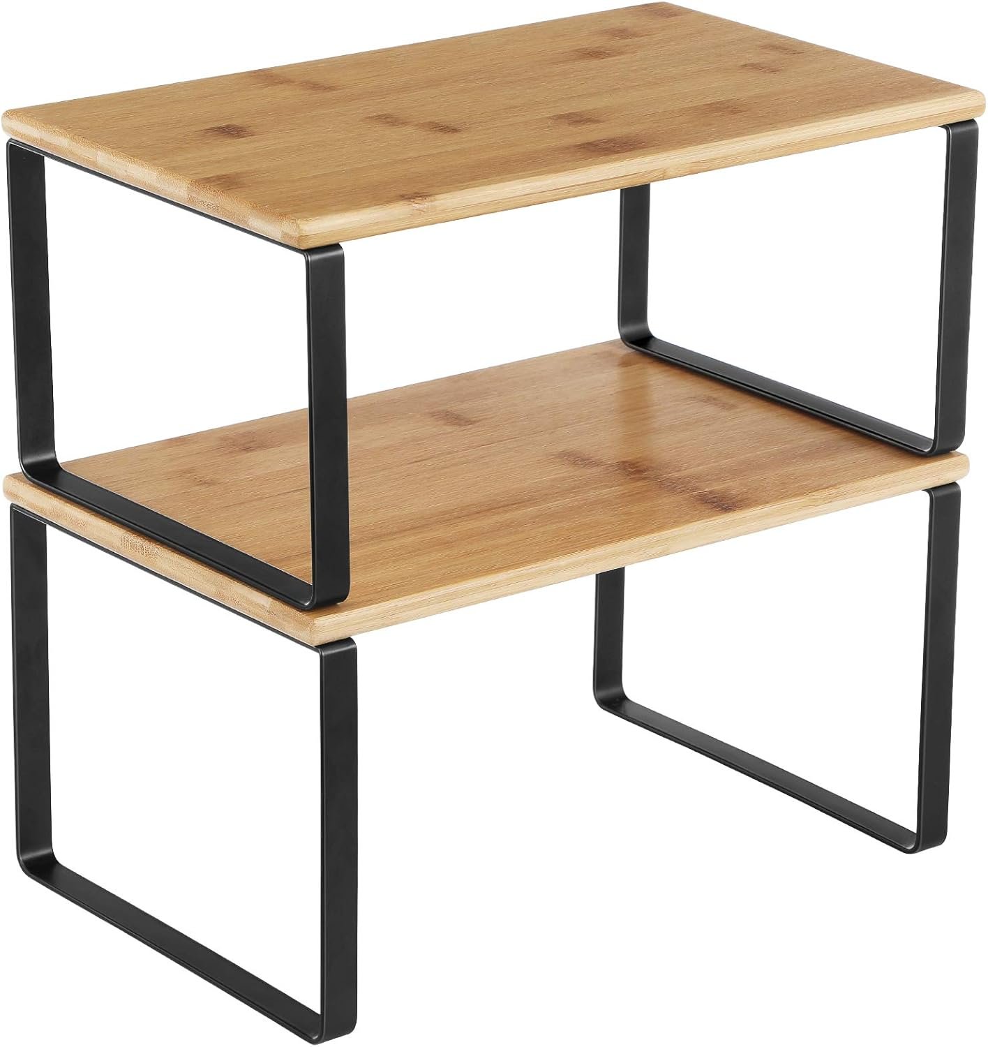 SONGMICS stackable cabinet shelf riser inside a kitchen cabinet