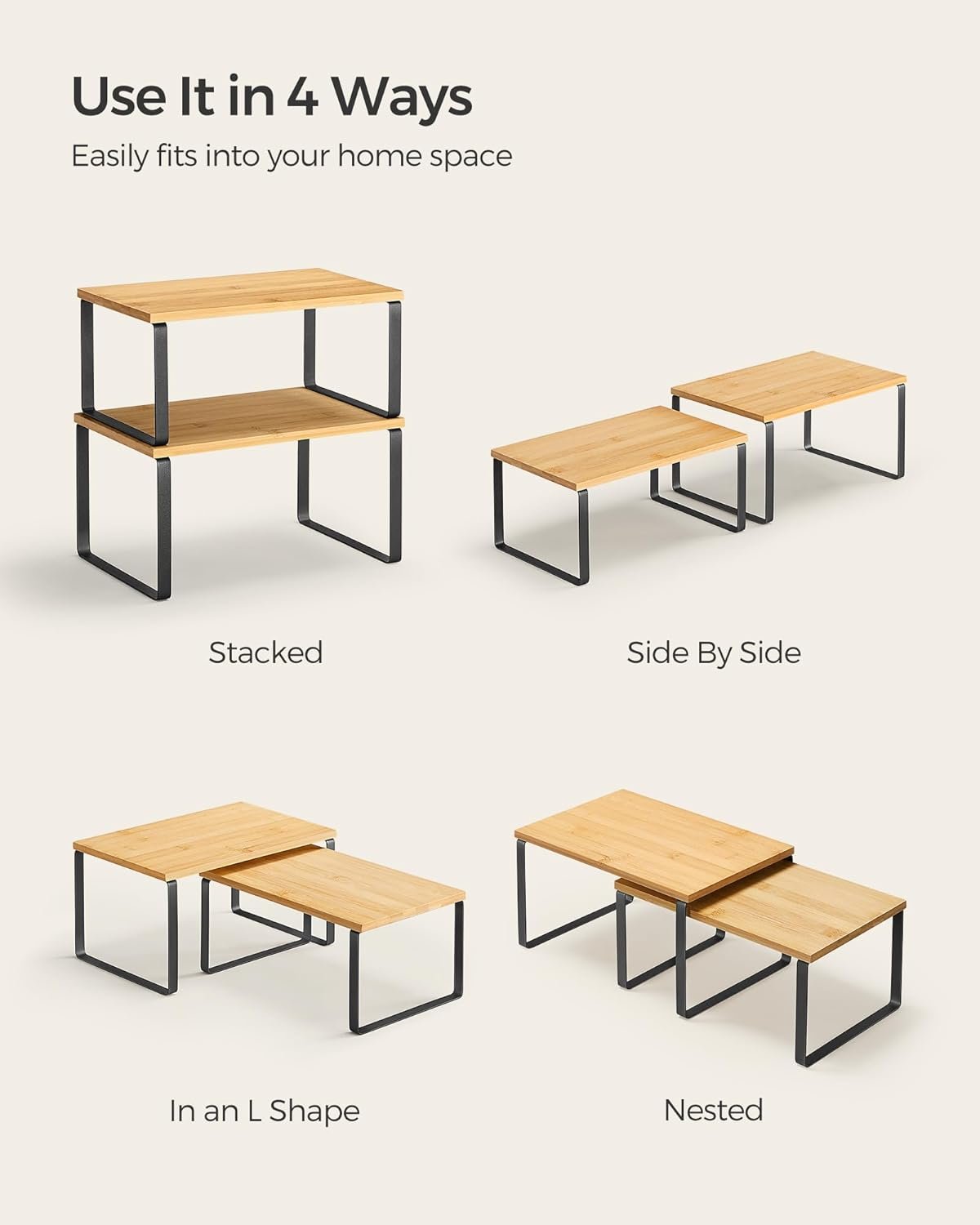 SONGMICS stackable cabinet shelf riser holding stacked items