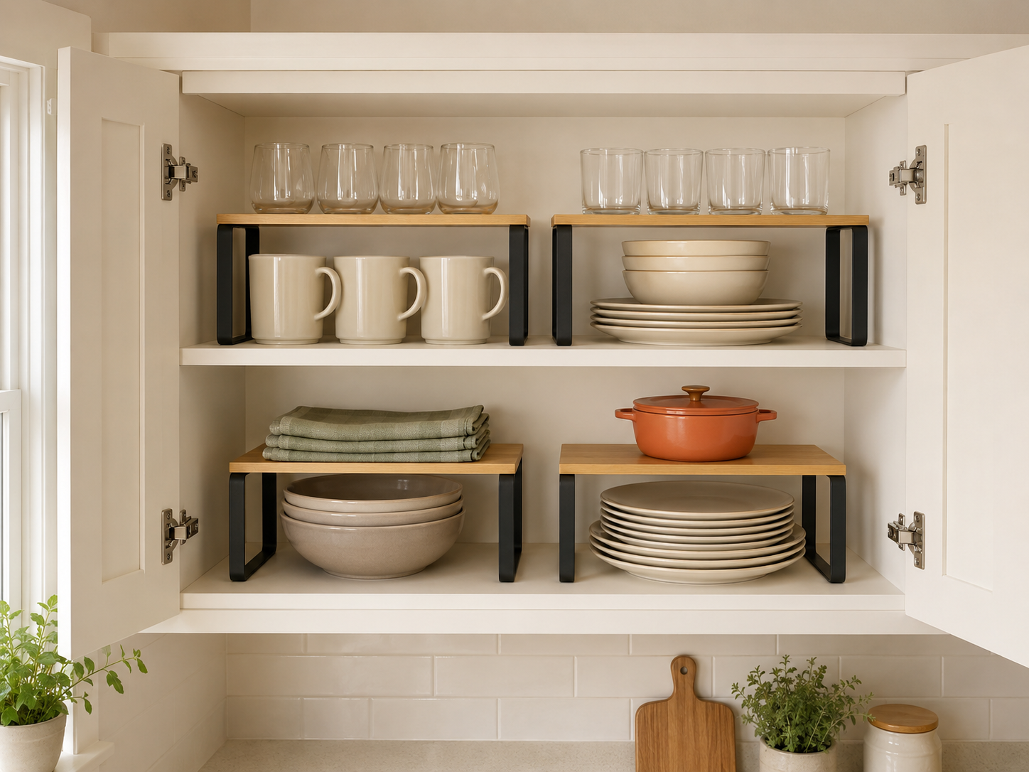 Short-legged shelf riser splitting a cabinet shelf into two usable tiers