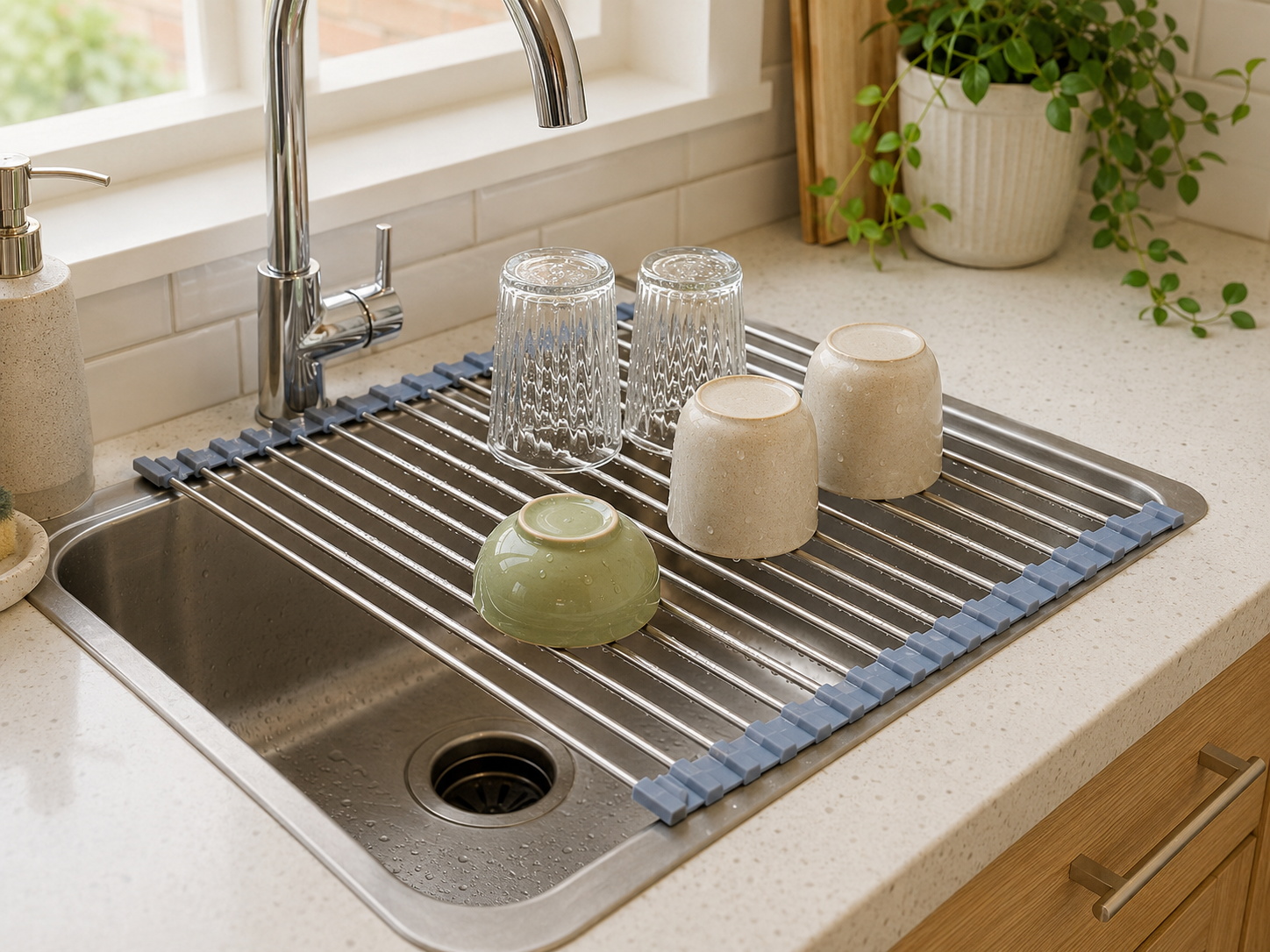 Flexible stainless steel roll-up drying mat unrolled beside the sink