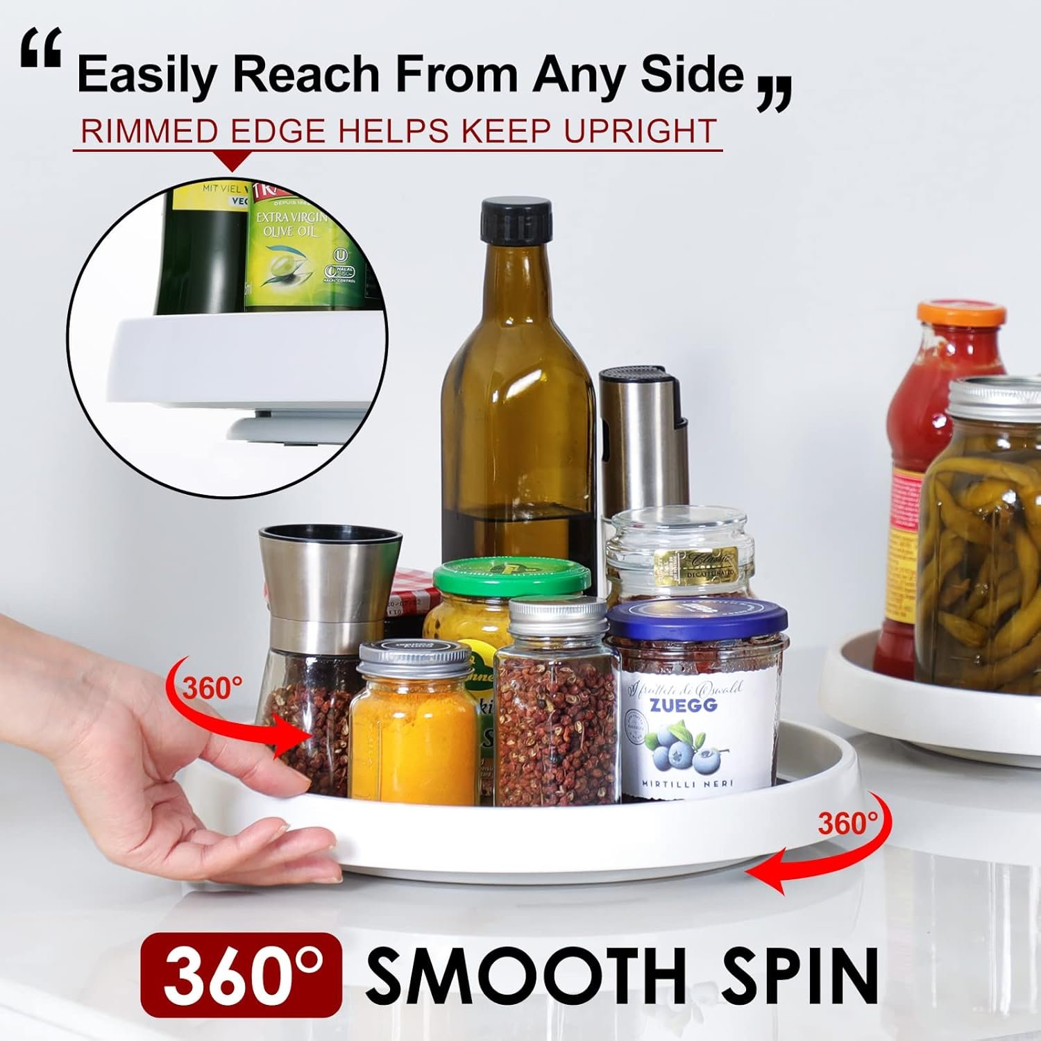 Non-skid lazy Susan turntable in use inside a cabinet holding bottles and jars
