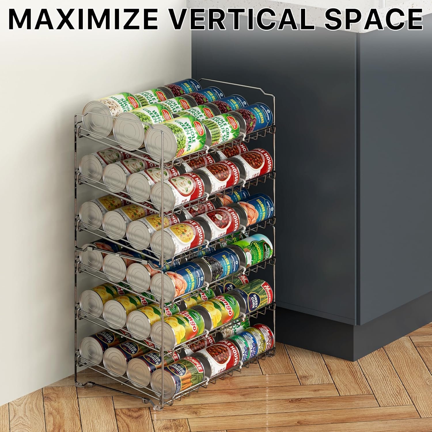 Can organizer rack shown fully loaded inside a pantry cabinet