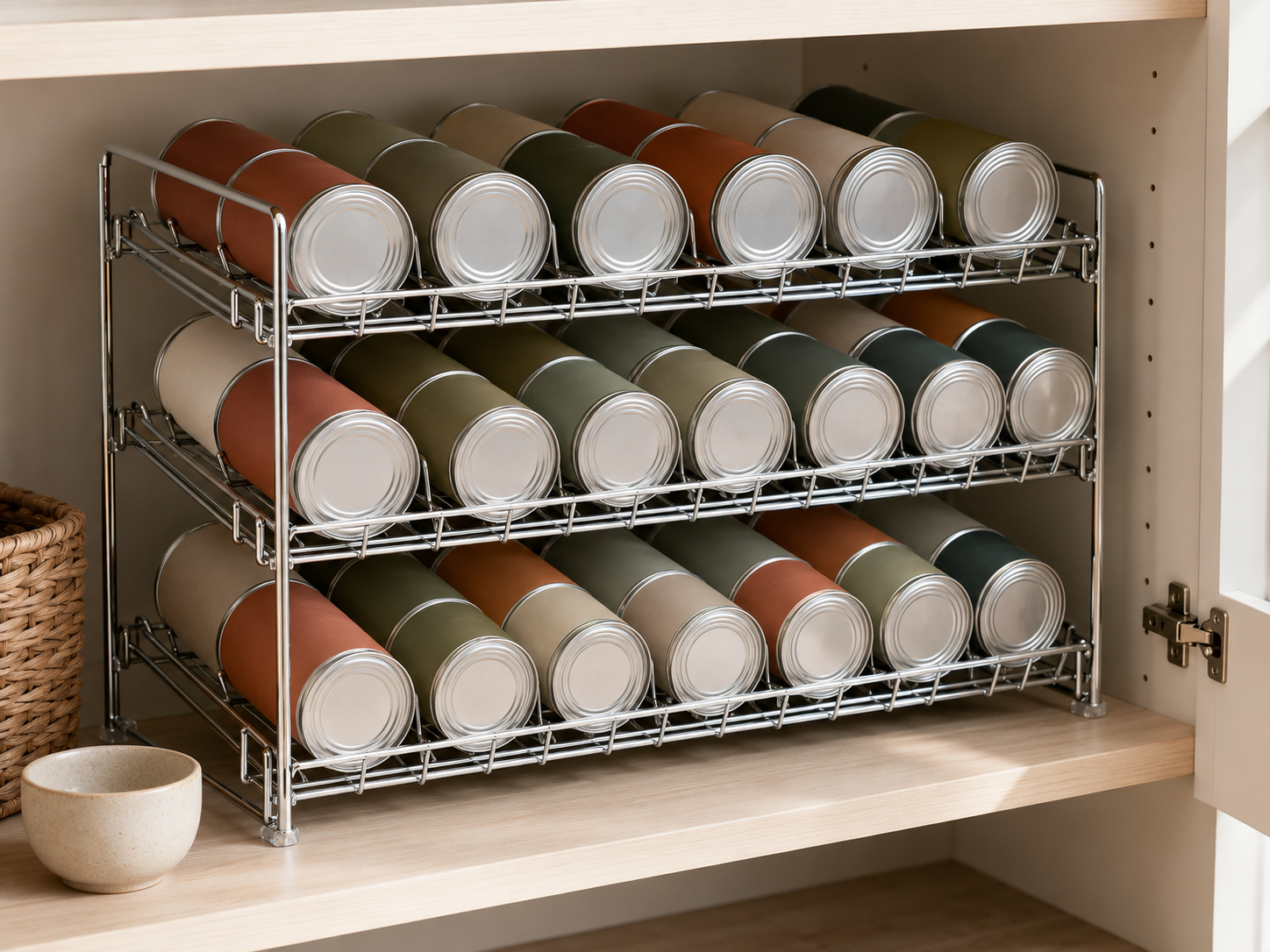 Stepped can organizer rack with cans rolling forward on gravity-fed tiers