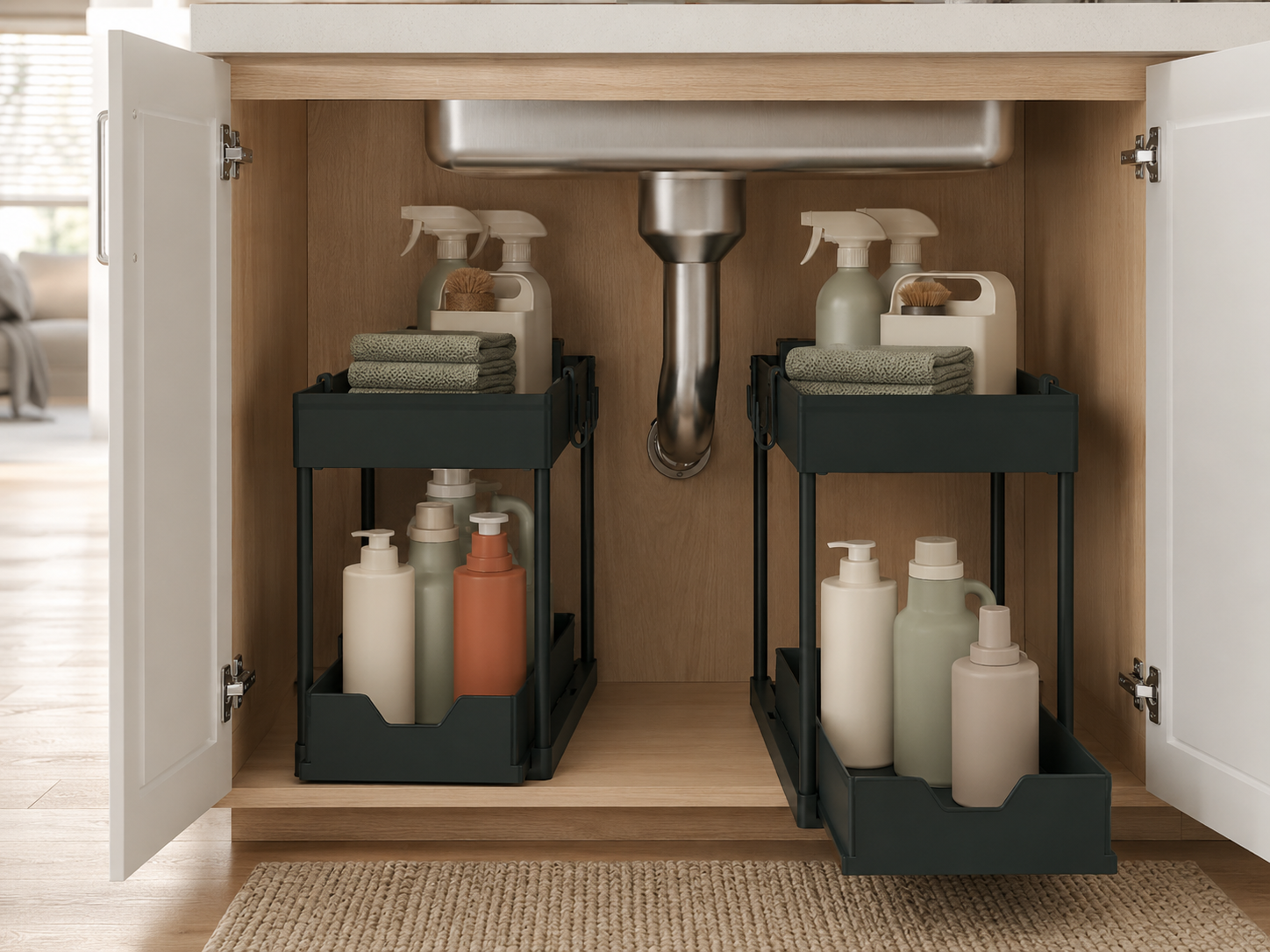 Wire basket sliding forward on rails from inside a deep lower cabinet